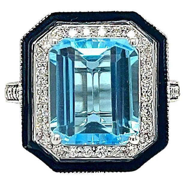 Blue Topaz and Diamond Black Enamel Statement Ring