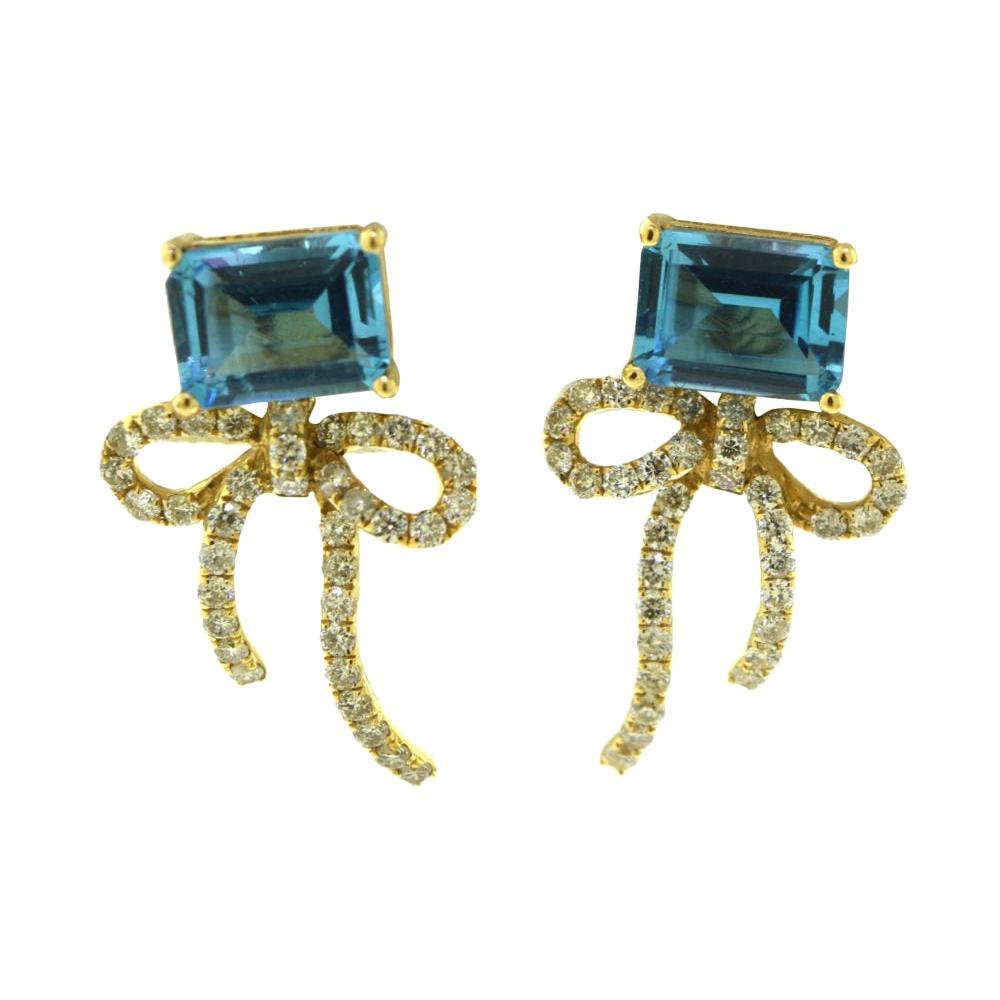 Blue Topaz and Diamond Bow Tie Ribbon 18 Karat Yellow Gold Earrings For Sale
