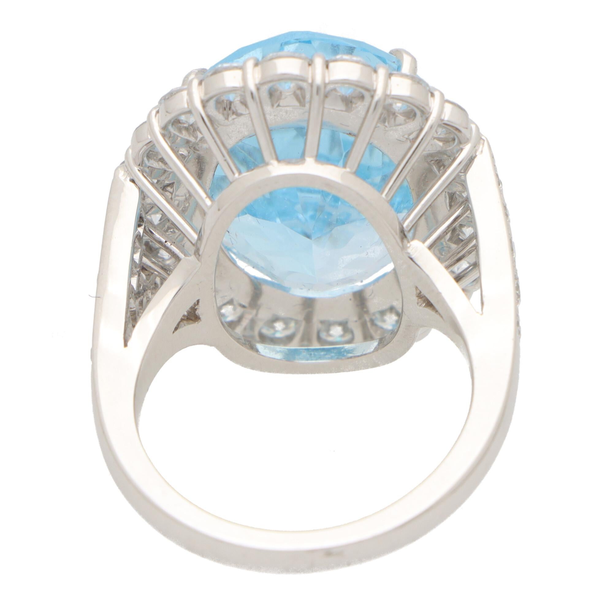 Blue Topaz and Diamond Cluster Cocktail Ring Set in Platinum In Good Condition In London, GB