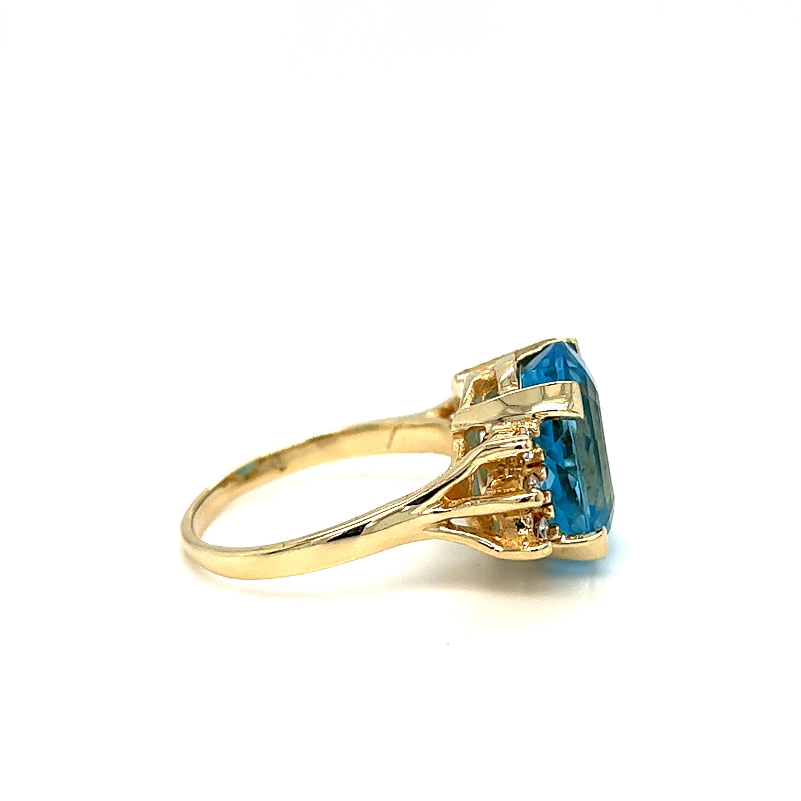 Oval Cut Blue Topaz and Diamond Cocktail Ring 14k Yellow Gold For Sale