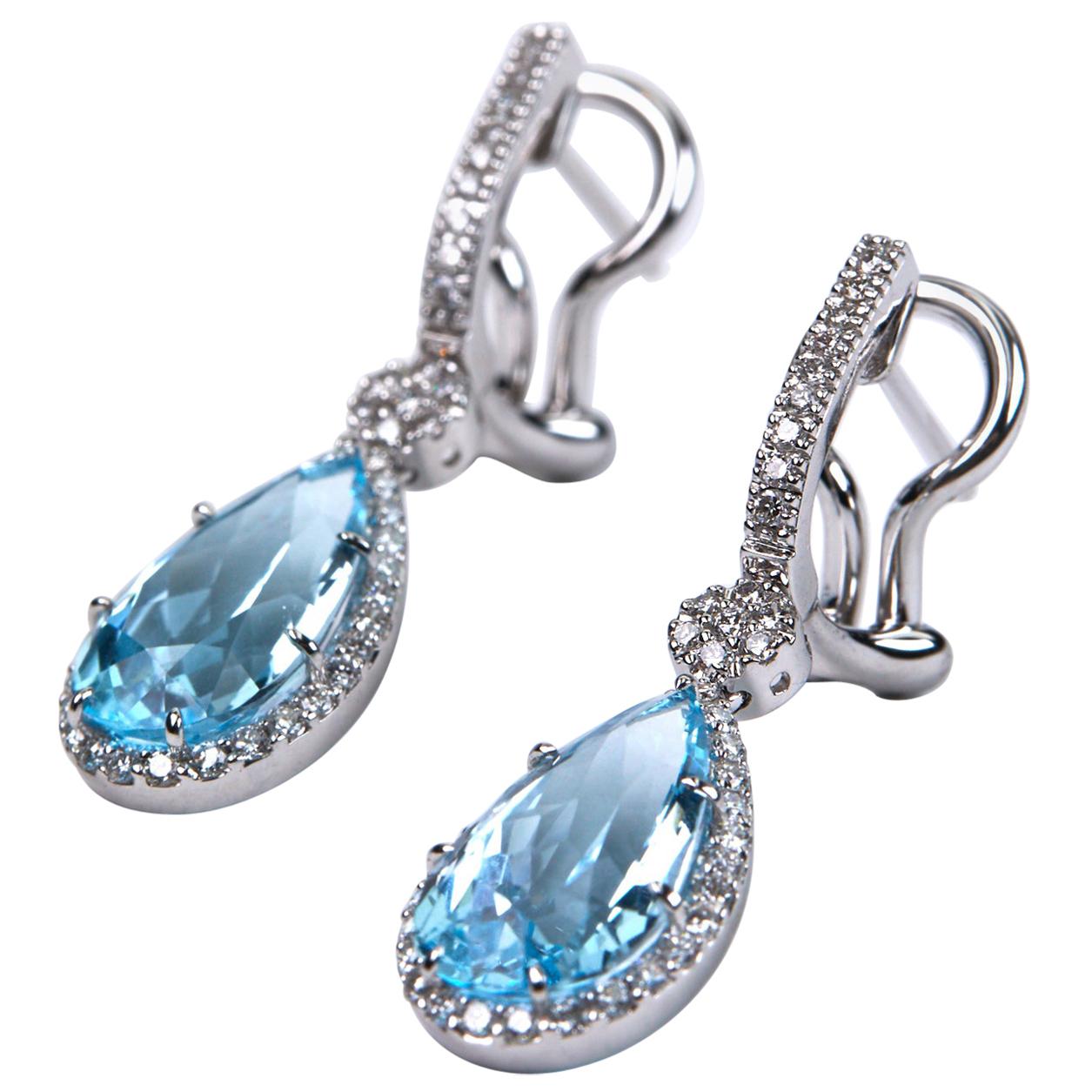 Blue Topaz and Diamond Dangle Earrings White Gold
