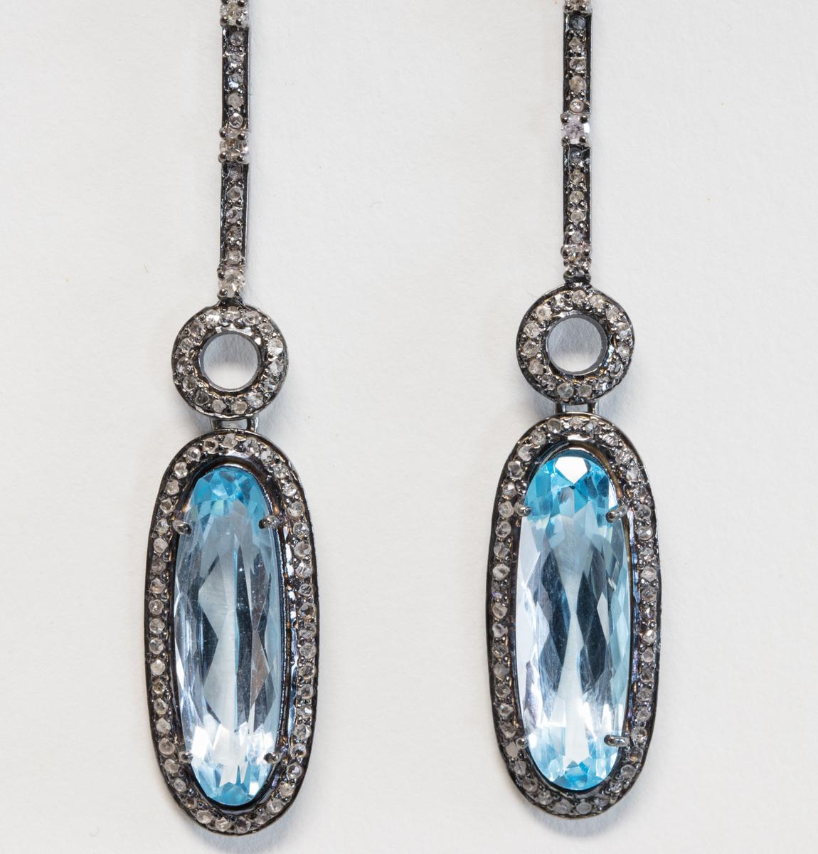 Oval Cut Blue Topaz and Diamond Drop Earrings