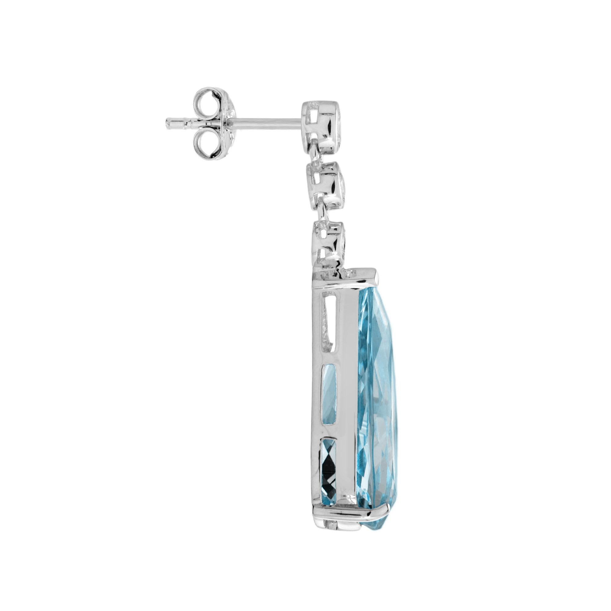 Art Deco Blue Topaz and Diamond Drop Earrings in 14K White Gold For Sale