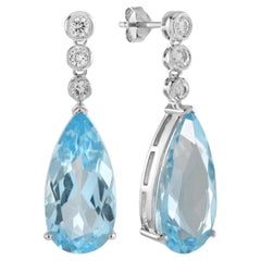 Blue Topaz and Diamond Drop Earrings in 14K White Gold