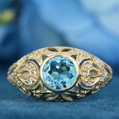 Blue Topaz and Diamond Edwardian Style Dome Ring in Solid 9K Yellow Gold
