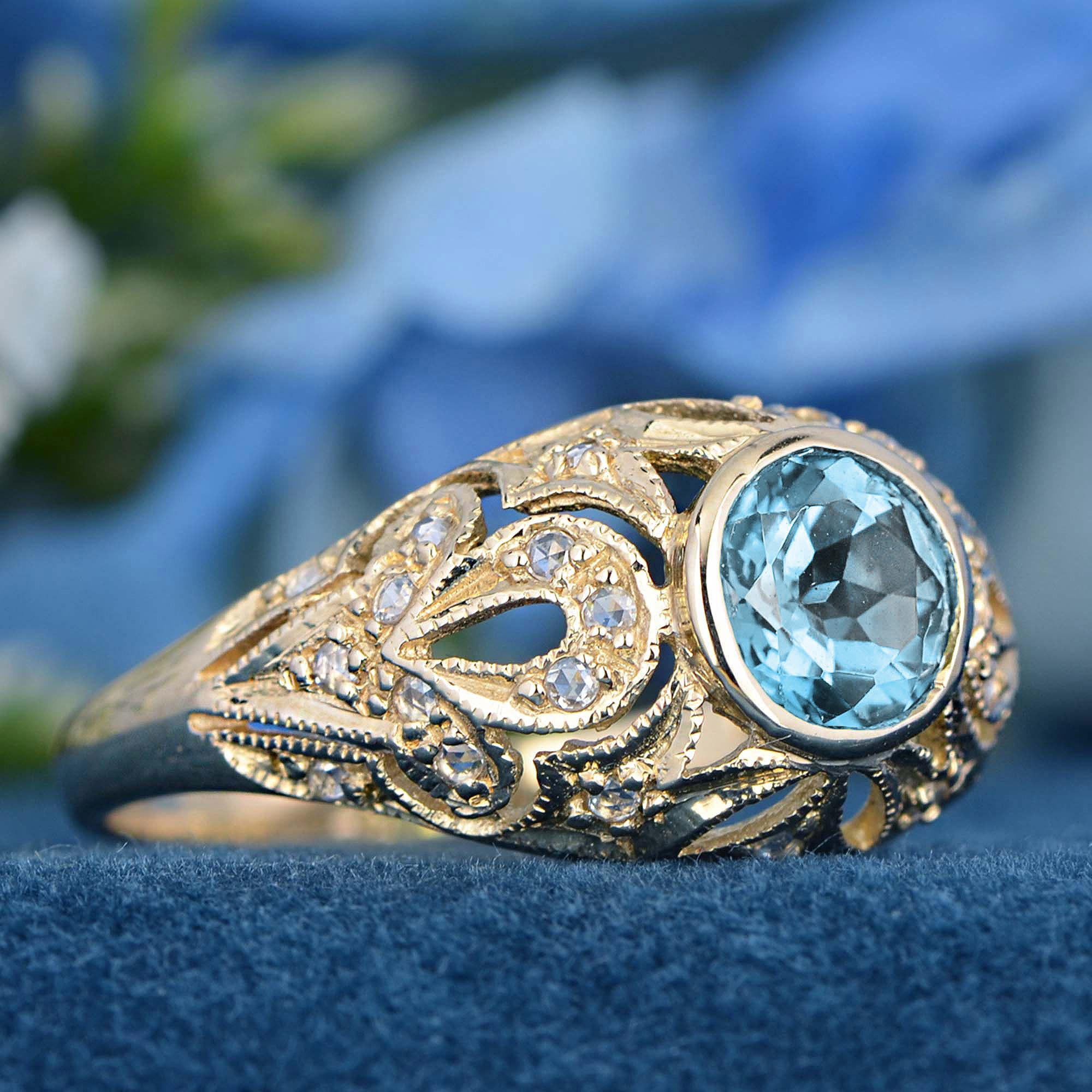 Round Cut Blue Topaz and Diamond Edwardian Style Dome Ring in Solid 9K Yellow Gold For Sale