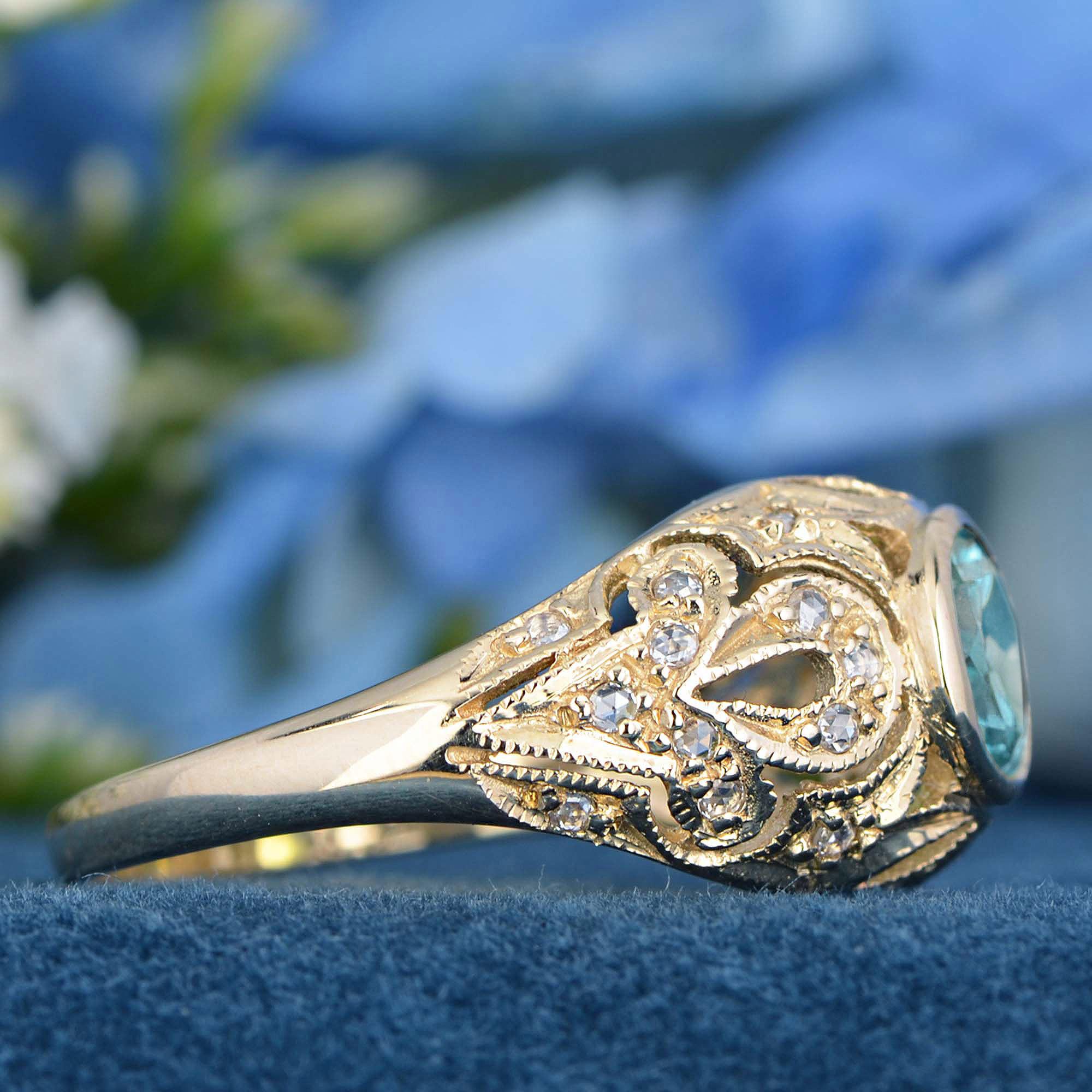 Blue Topaz and Diamond Edwardian Style Dome Ring in Solid 9K Yellow Gold In New Condition For Sale In Bangkok, TH