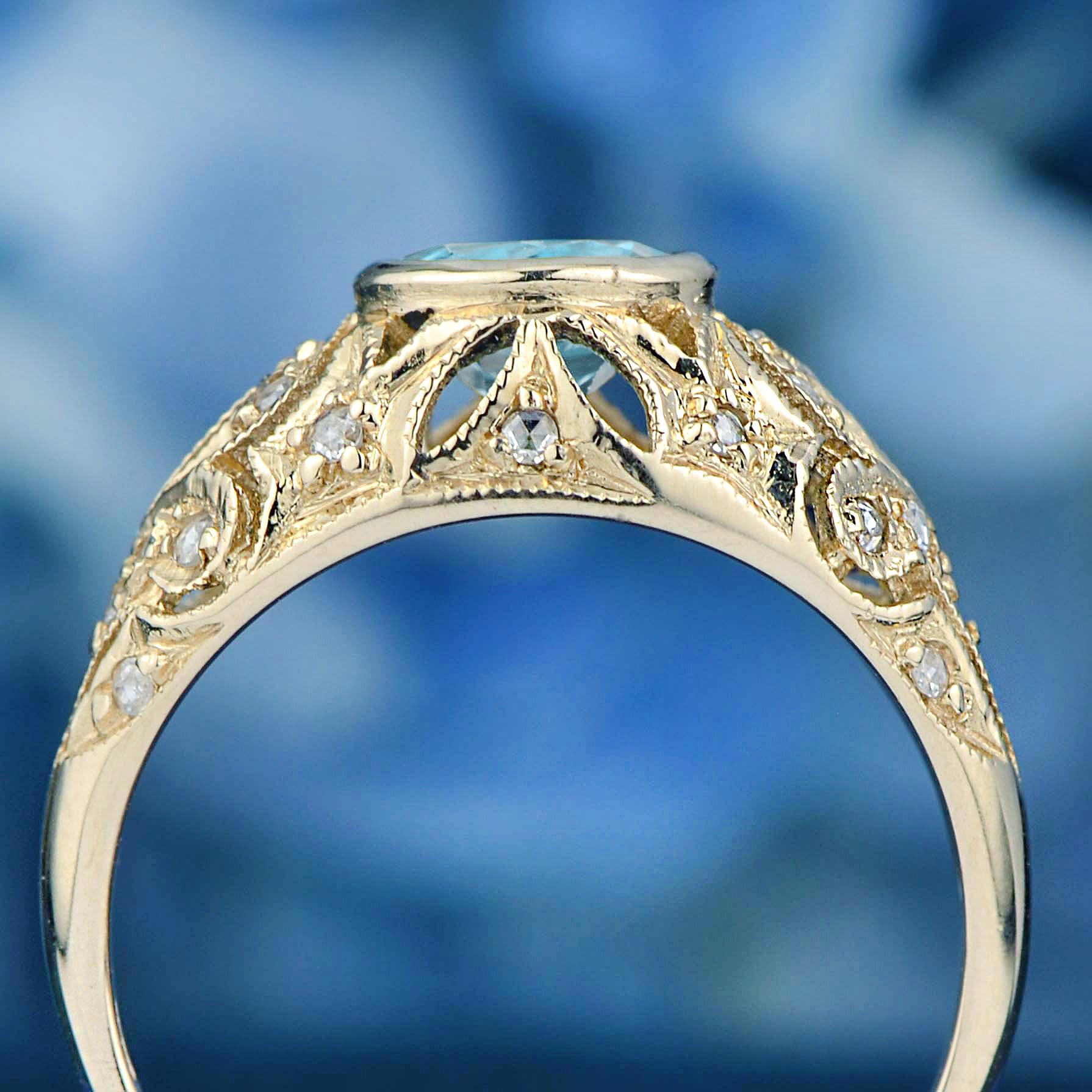 Women's Blue Topaz and Diamond Edwardian Style Dome Ring in Solid 9K Yellow Gold For Sale