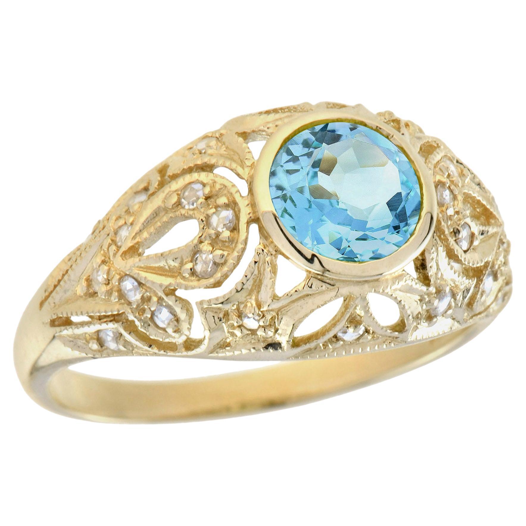 Blue Topaz and Diamond Edwardian Style Dome Ring in Solid 9K Yellow Gold For Sale
