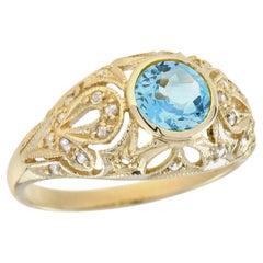 Blue Topaz and Diamond Edwardian Style Dome Ring in Solid 9K Yellow Gold