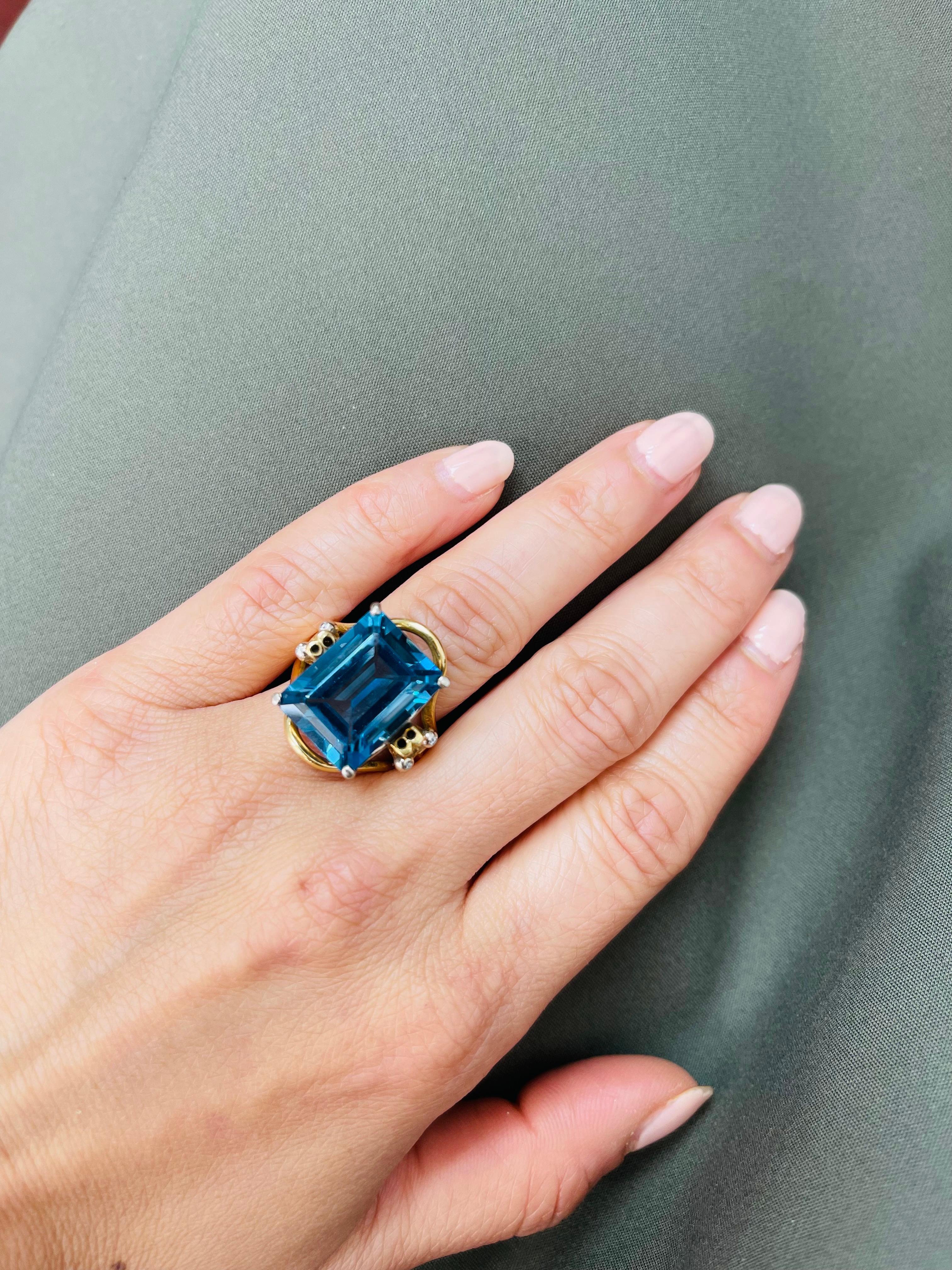 Emerald Cut Blue Topaz and Diamond Engagement Ring in Yellow Gold For Sale