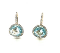 Blue Topaz and Diamond Halo Drop Earrings in 18k Yellow Gold, 5.41 Carats Total