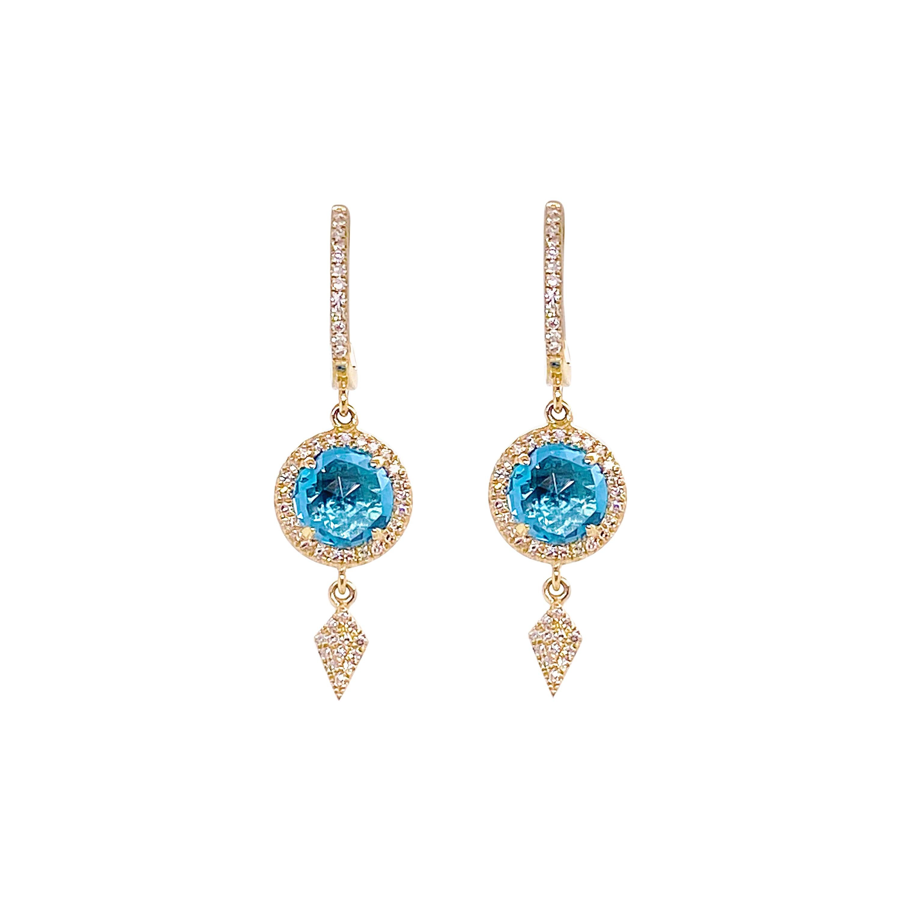 Blue Topaz and Diamond Halo Earring Drops, 2.39 Ct Topaz and 102 Diamonds