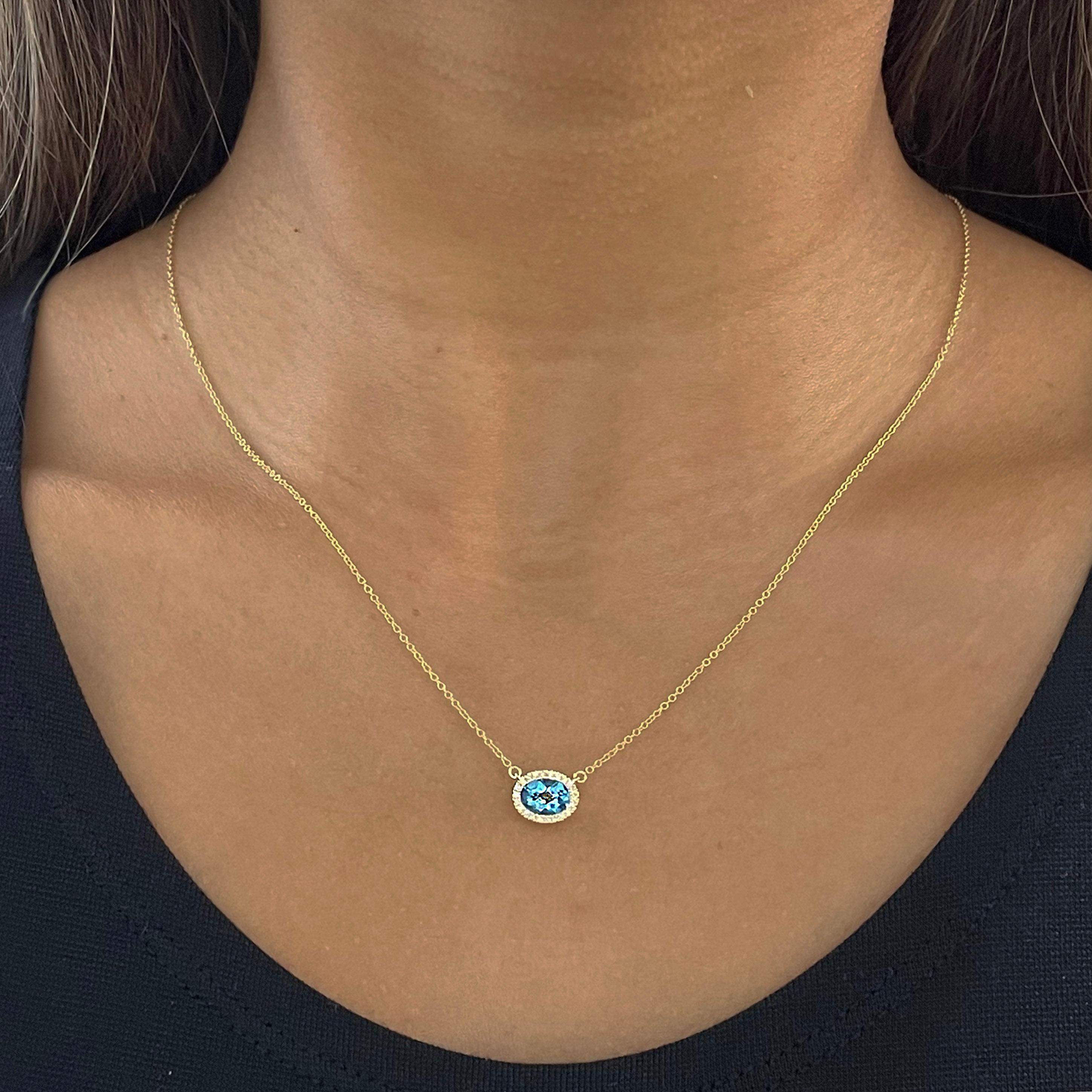 Blue Topaz and Diamond Halo Pendant Necklace in 14K Yellow Gold .91 Carats In New Condition For Sale In Austin, TX