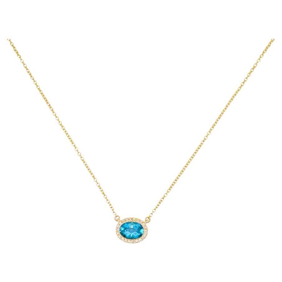Blue Topaz and Diamond Halo Pendant Necklace in 14K Yellow Gold .91 Carats