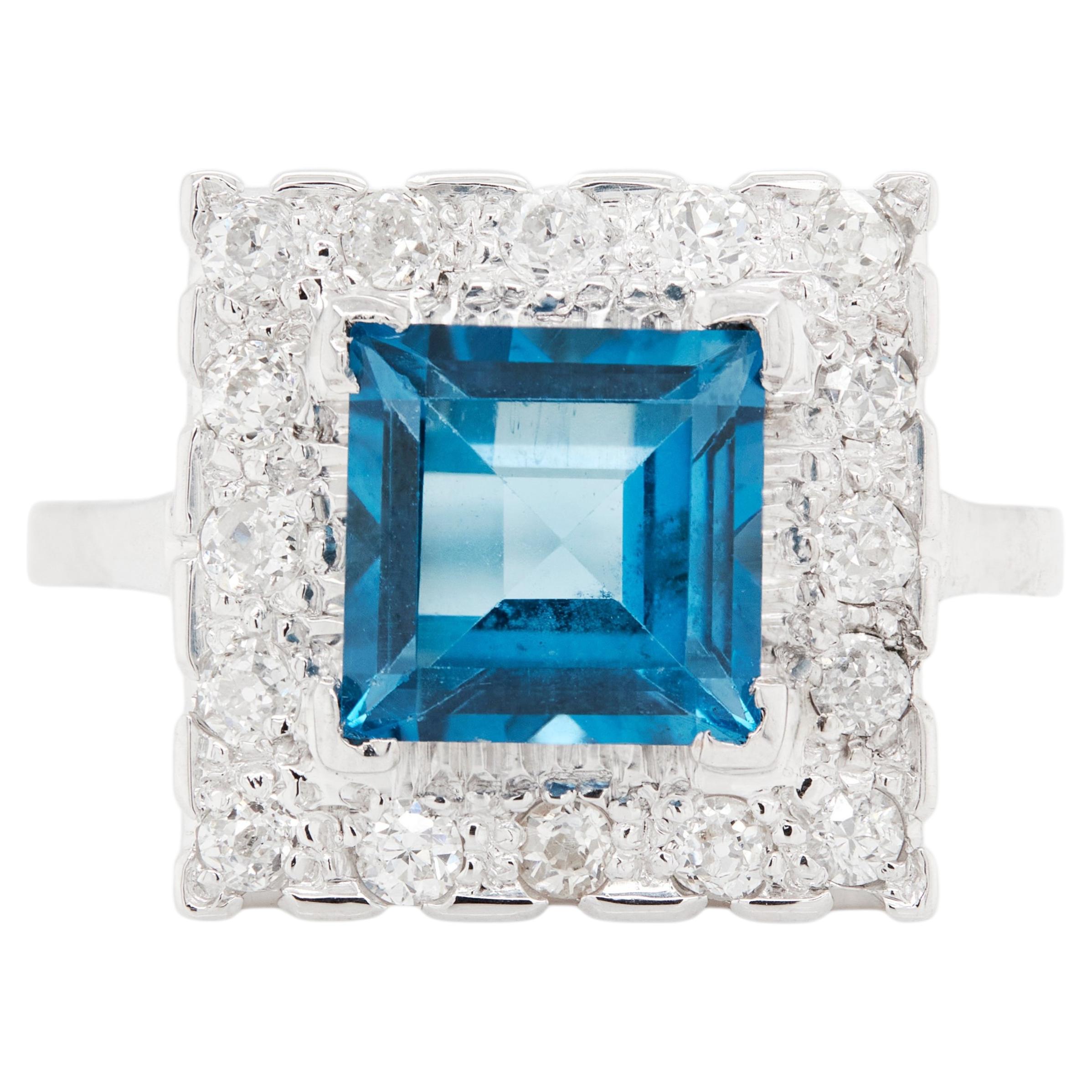 Blue Topaz and Diamond Halo Square Shape Cluster Dress Ring in 18K White Gold For Sale
