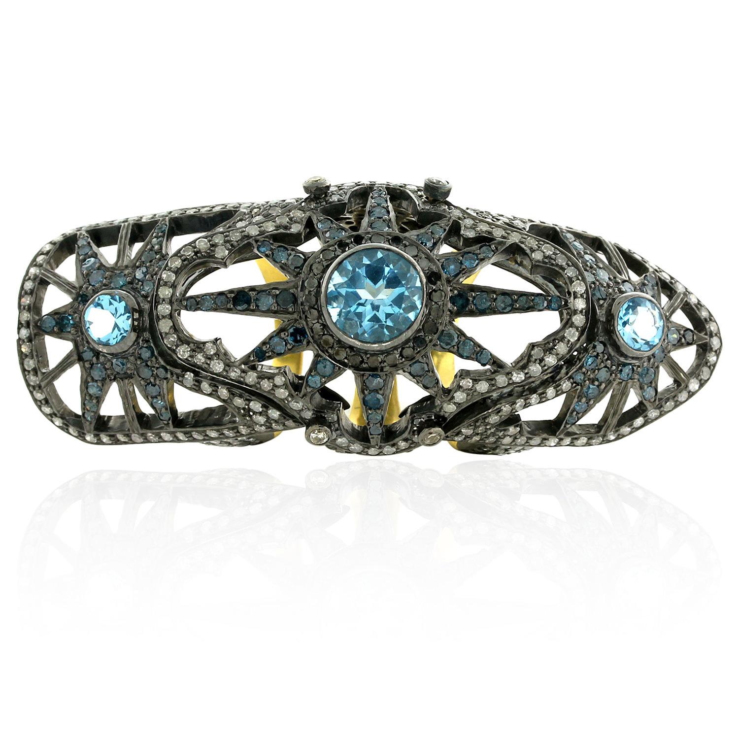 Blauer Topas und Diamant-Knuckle-Ring aus Silber (Moderne) im Angebot