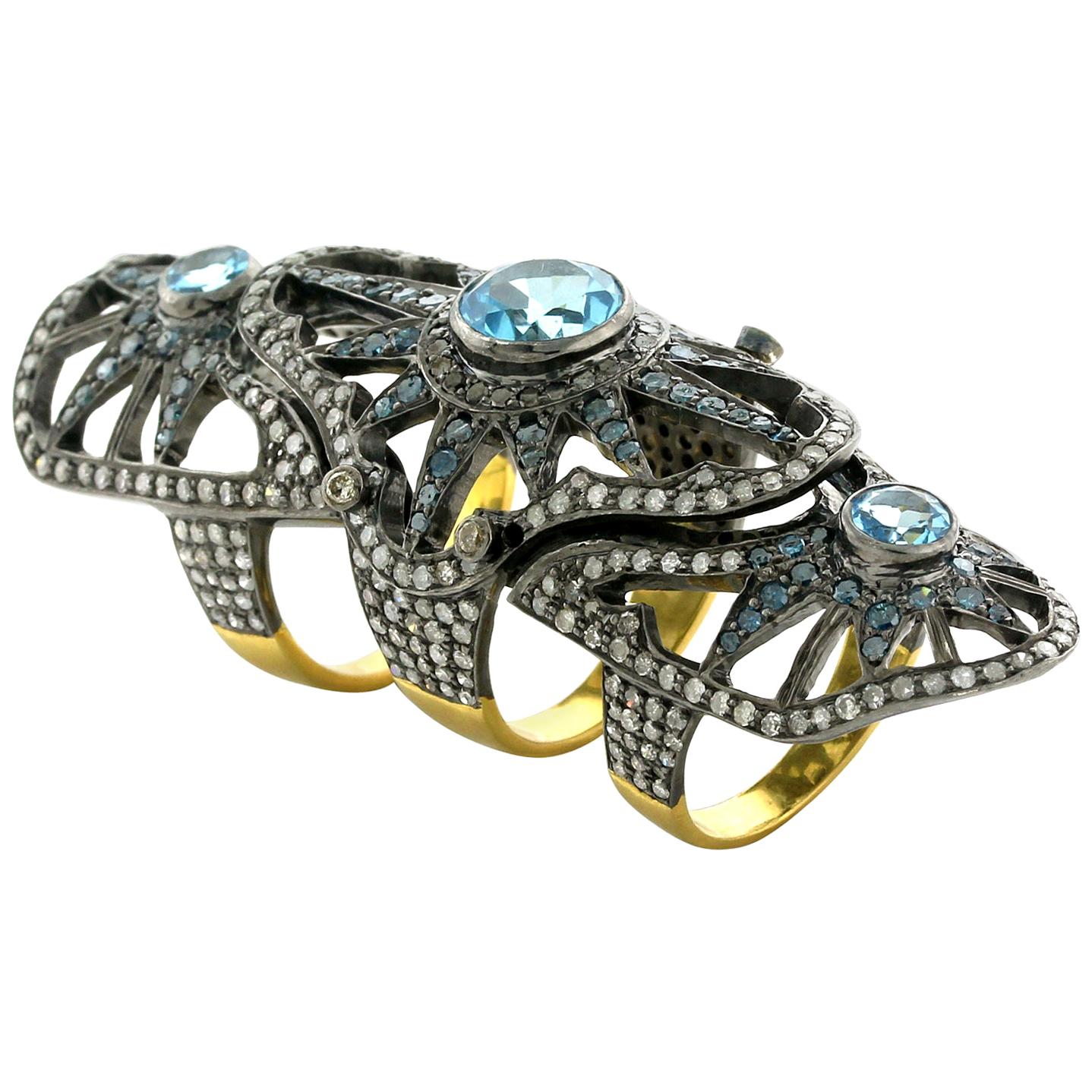 Blue Topaz and Diamond Knuckle Ring in Silver For Sale