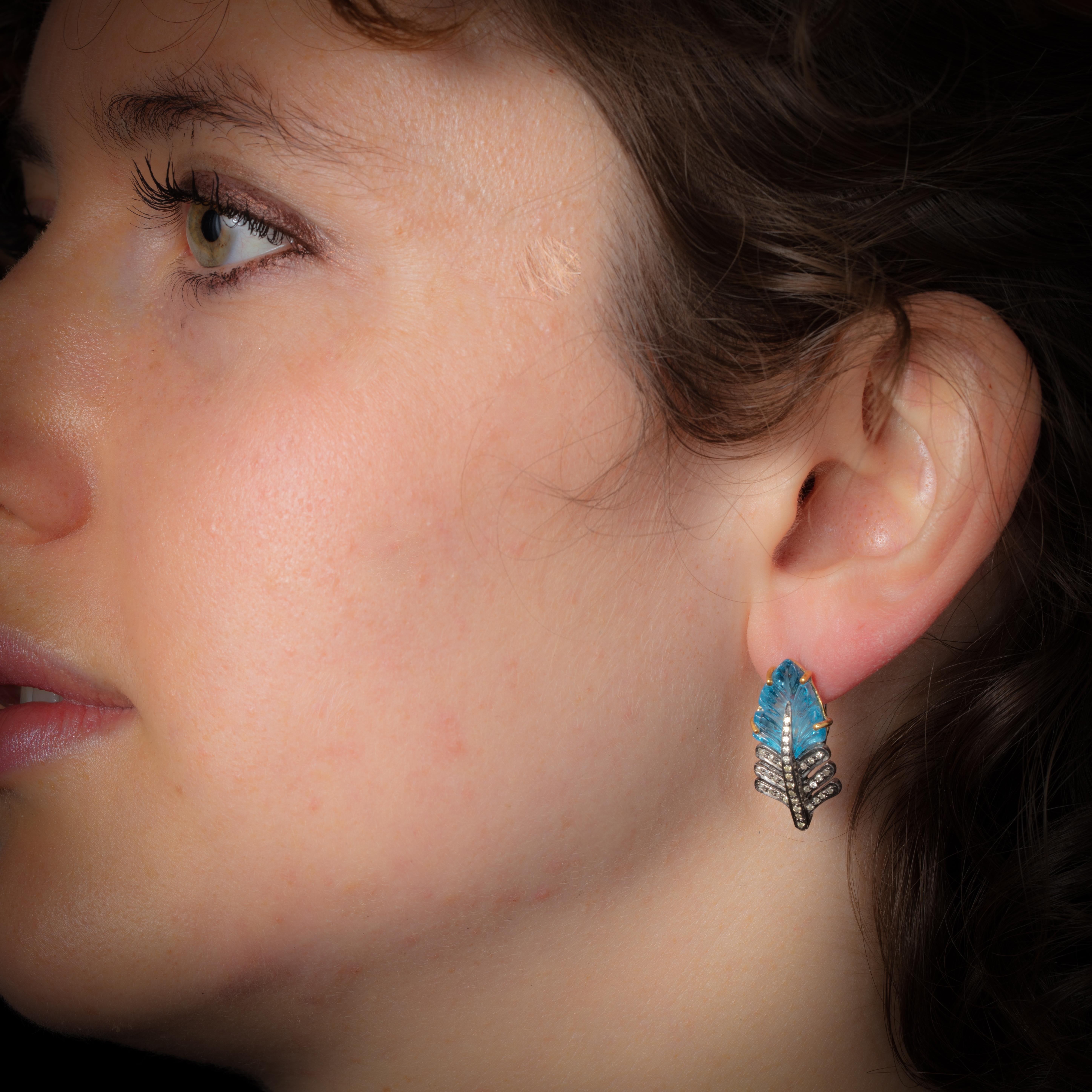 Blue Topaz and Diamond Leaf Drop Earrings In Excellent Condition In Nantucket, MA