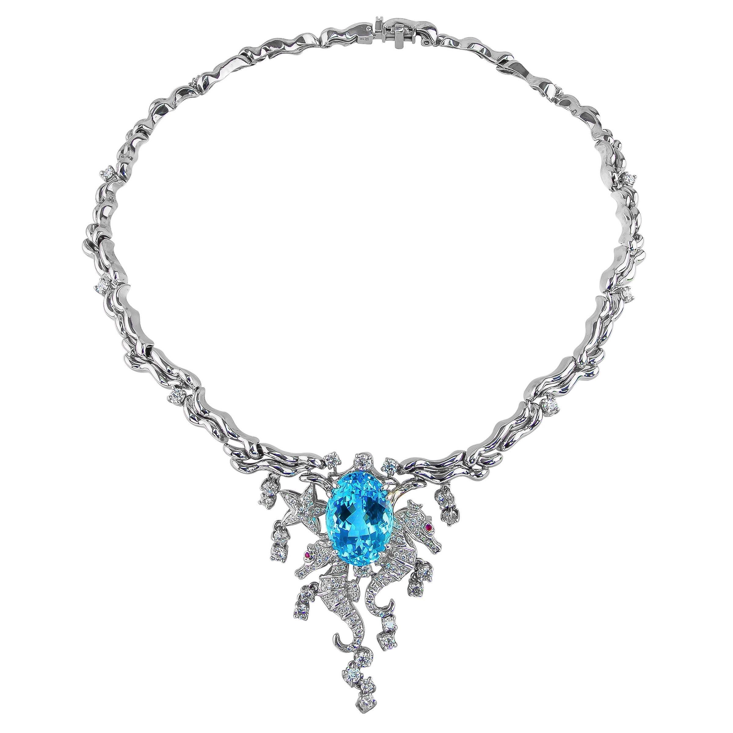 Blue Topaz and Diamond Necklace For Sale