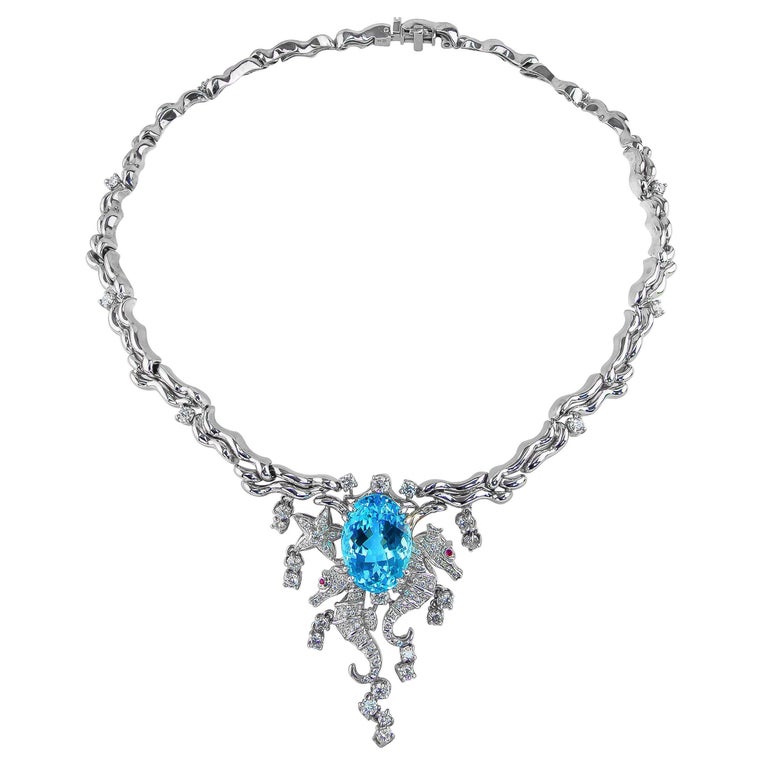 Blue Topaz and Diamond Necklace For Sale at 1stDibs