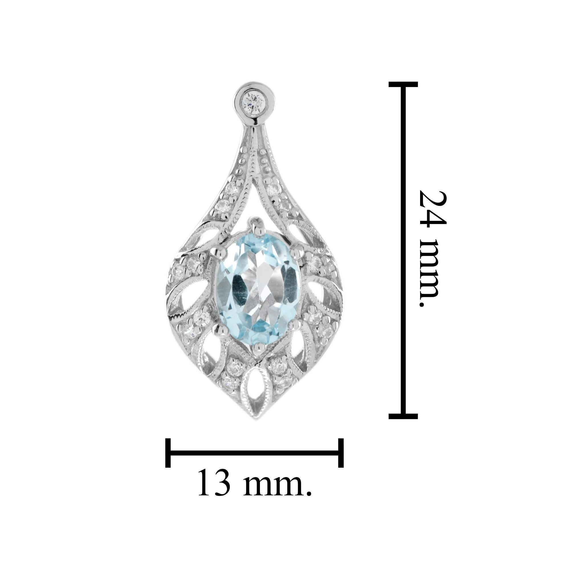 Oval Cut Blue Topaz and Diamond Open Work Frame Drop Earrings in 14K White Gold For Sale