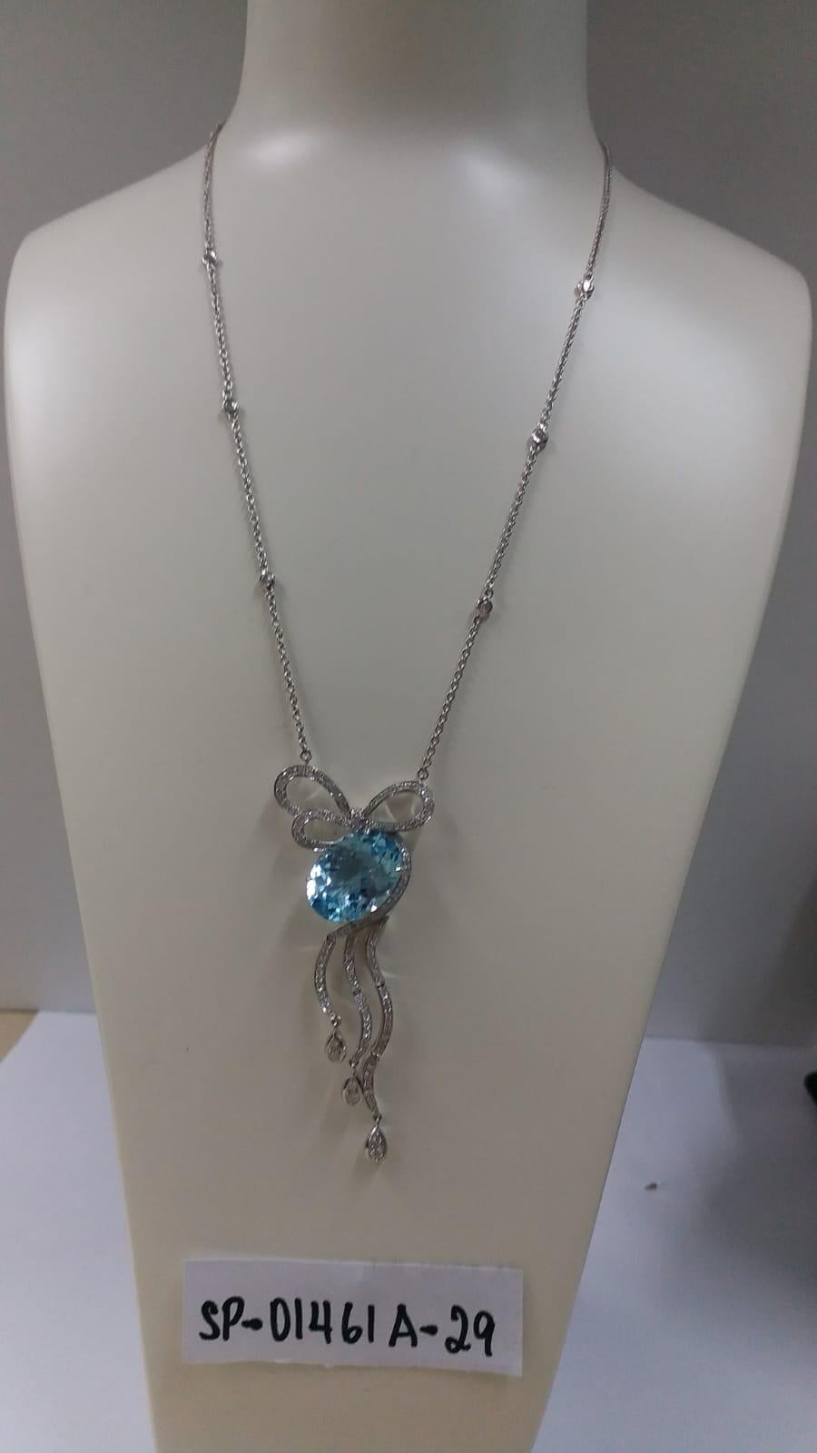 Oval Cut 10.98Carat Blue Topaz and Diamond Pendant in 18 Karat White Gold For Sale