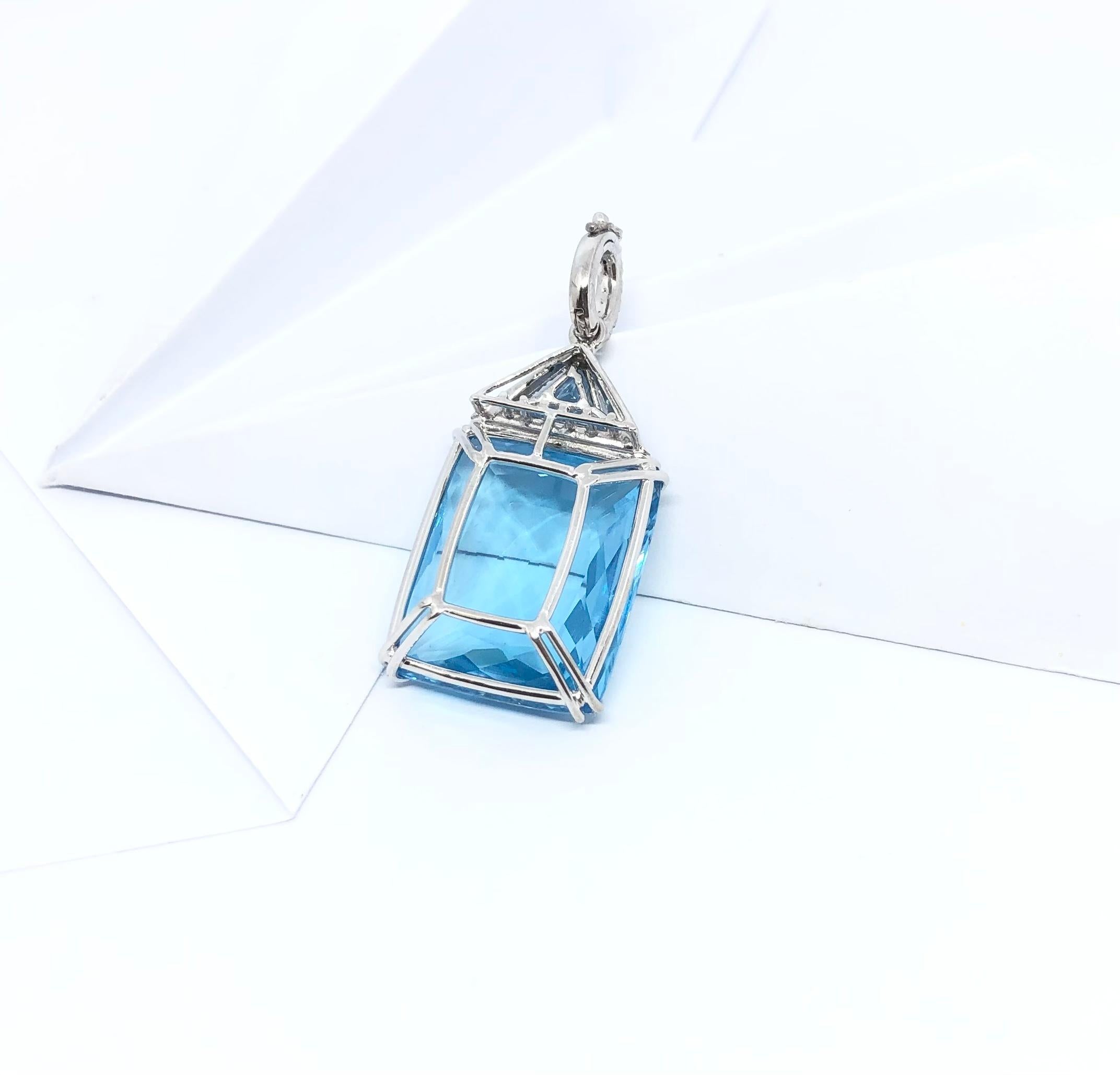 Mixed Cut Blue Topaz and Diamond Pendant Set in 18 Karat White Gold Settings For Sale