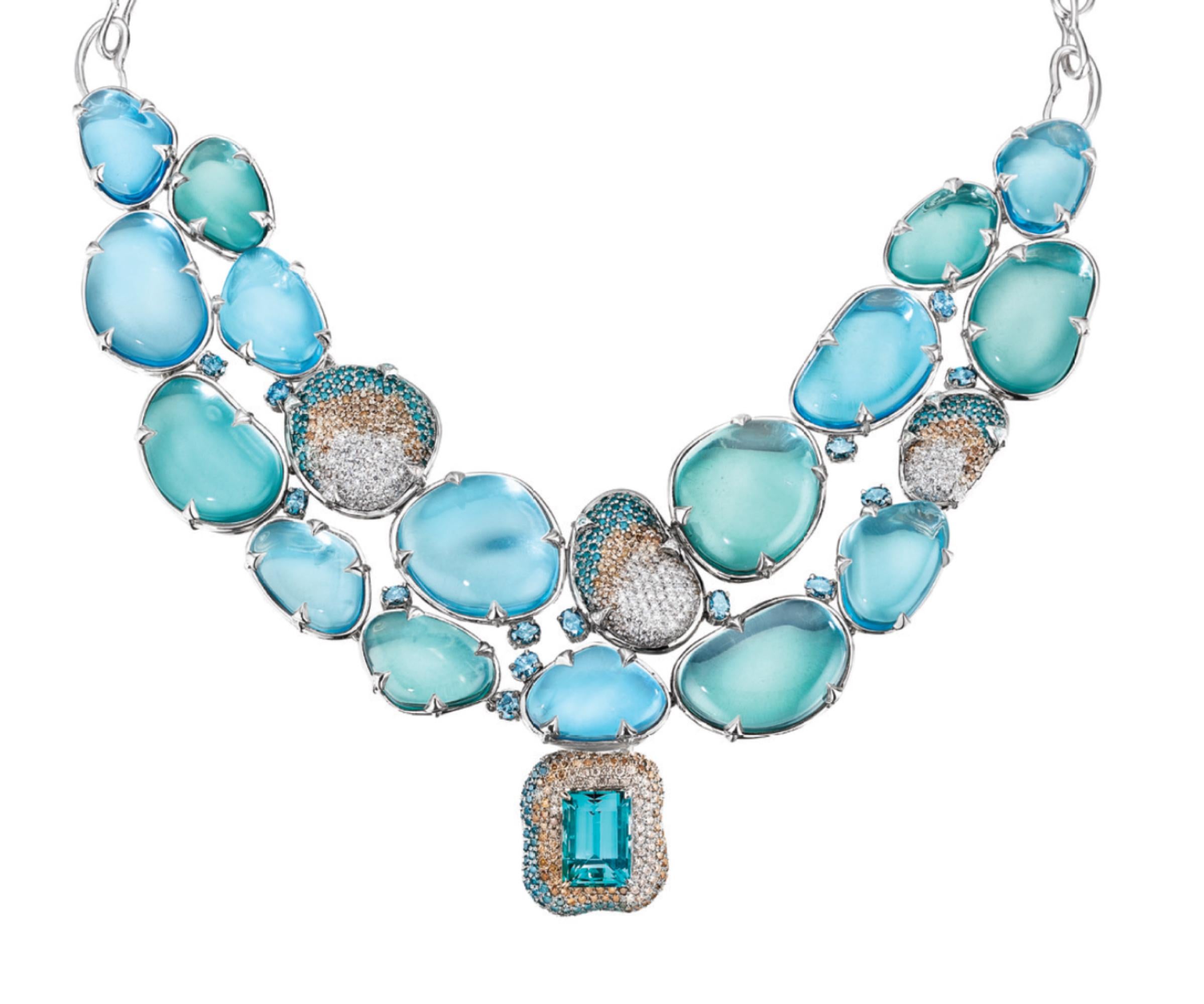 Specs: 18k white gold necklace with 155 carats of Blue Topaz, 72 carats Green Amethyst, 4.21 carats Teal Blue Diamond, 2.07 carats White Diamond, .81 carats Brown Diamond, and 1.09 carats Cognac Diamond. 

Story: “Highest of the Gods, lord of the