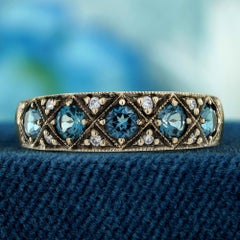 Blue Topaz and Diamond Victoraian Style Wedding Band Ring in 9K Yellow Gold