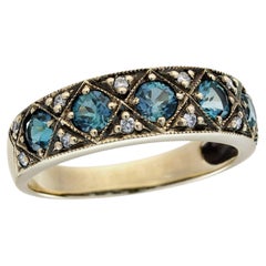 Blue Topaz and Diamond Victoraian Style Wedding Band Ring in 9K Yellow Gold
