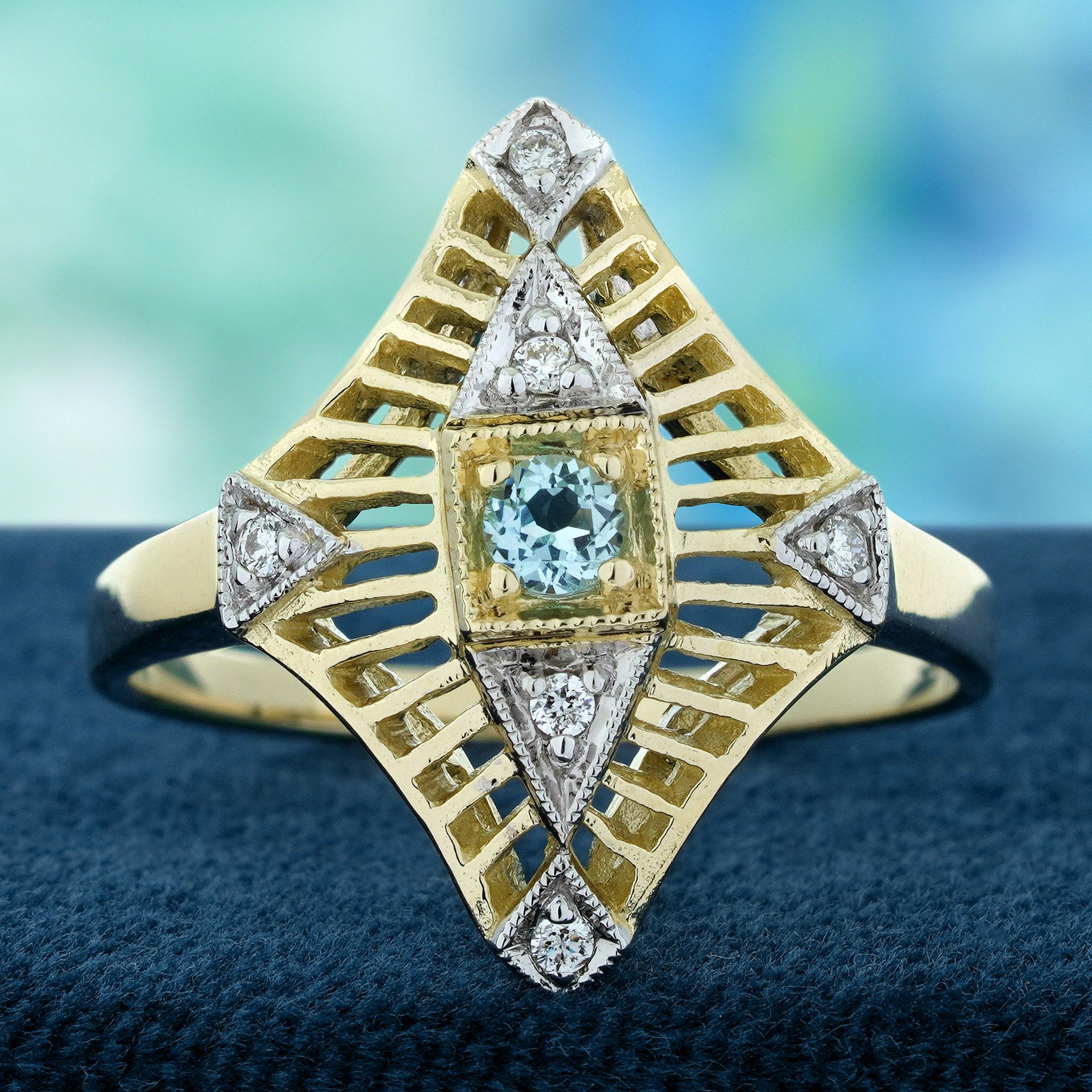 Showcases a stunning blue topaz at its center, radiating a rich, calming blue hue. The intricate filigree band features delicate, vintage-inspired details that beautifully frame the gemstone. Sparkling diamonds are strategically placed to enhance