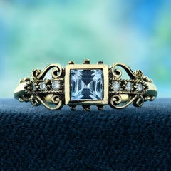Blue Topaz and Diamond Vintage Style Filigree Ring in Solid 9K Yellow Gold