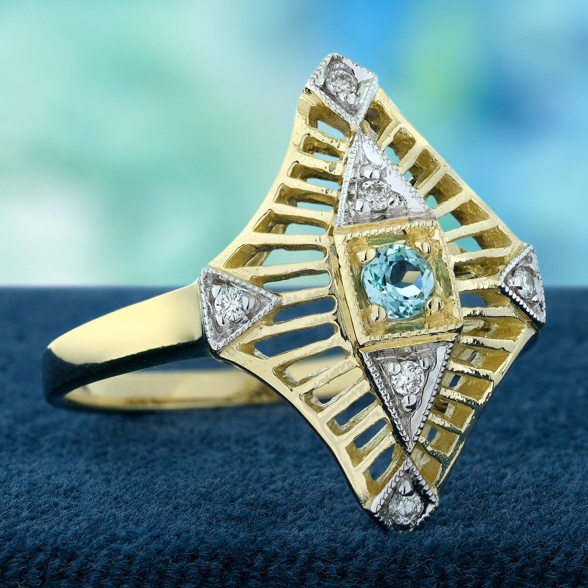 Edwardian Blue Topaz and Diamond Vintage Style Filigree Ring in Solid 9K Yellow Gold For Sale