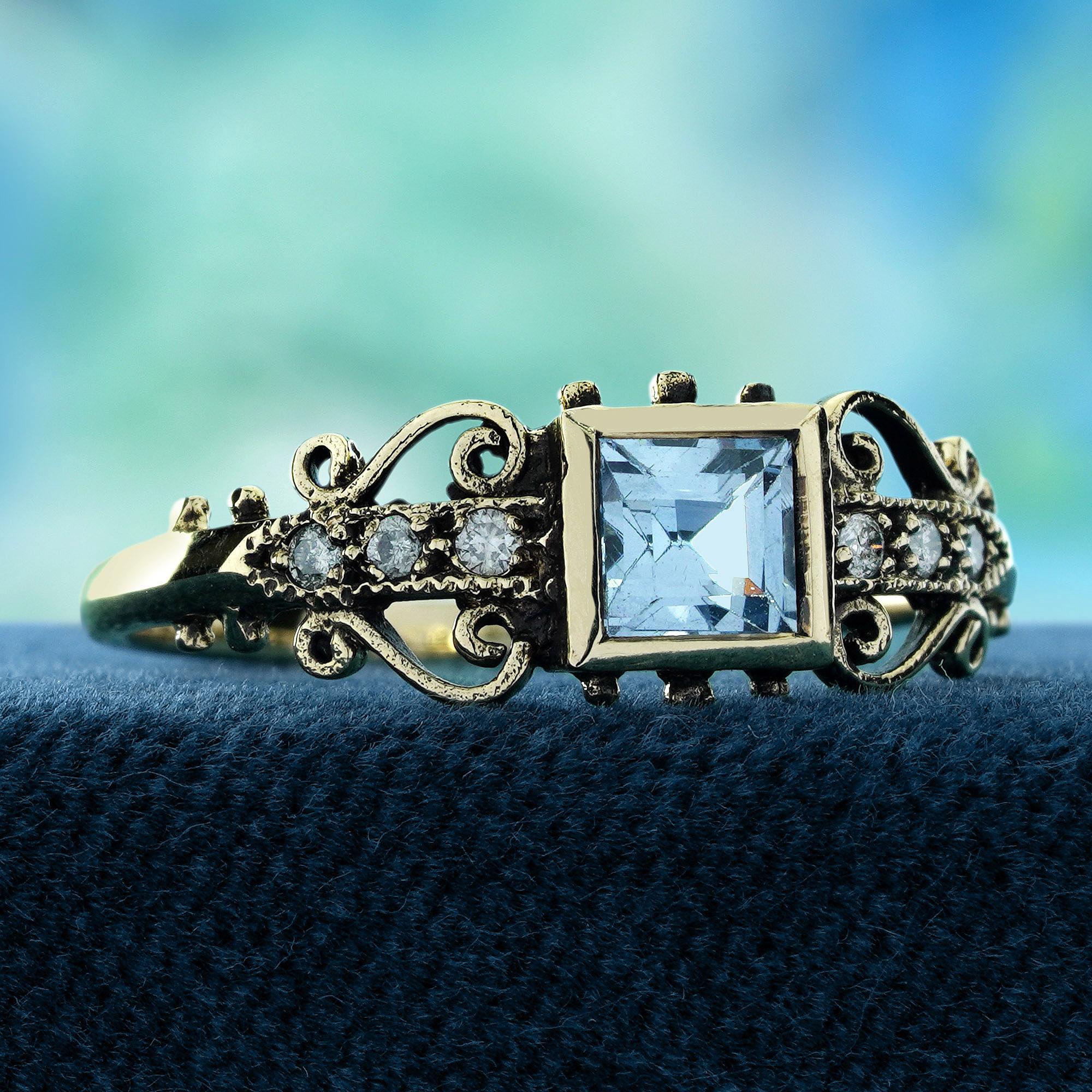 Edwardian Blue Topaz and Diamond Vintage Style Filigree Ring in Solid 9K Yellow Gold For Sale