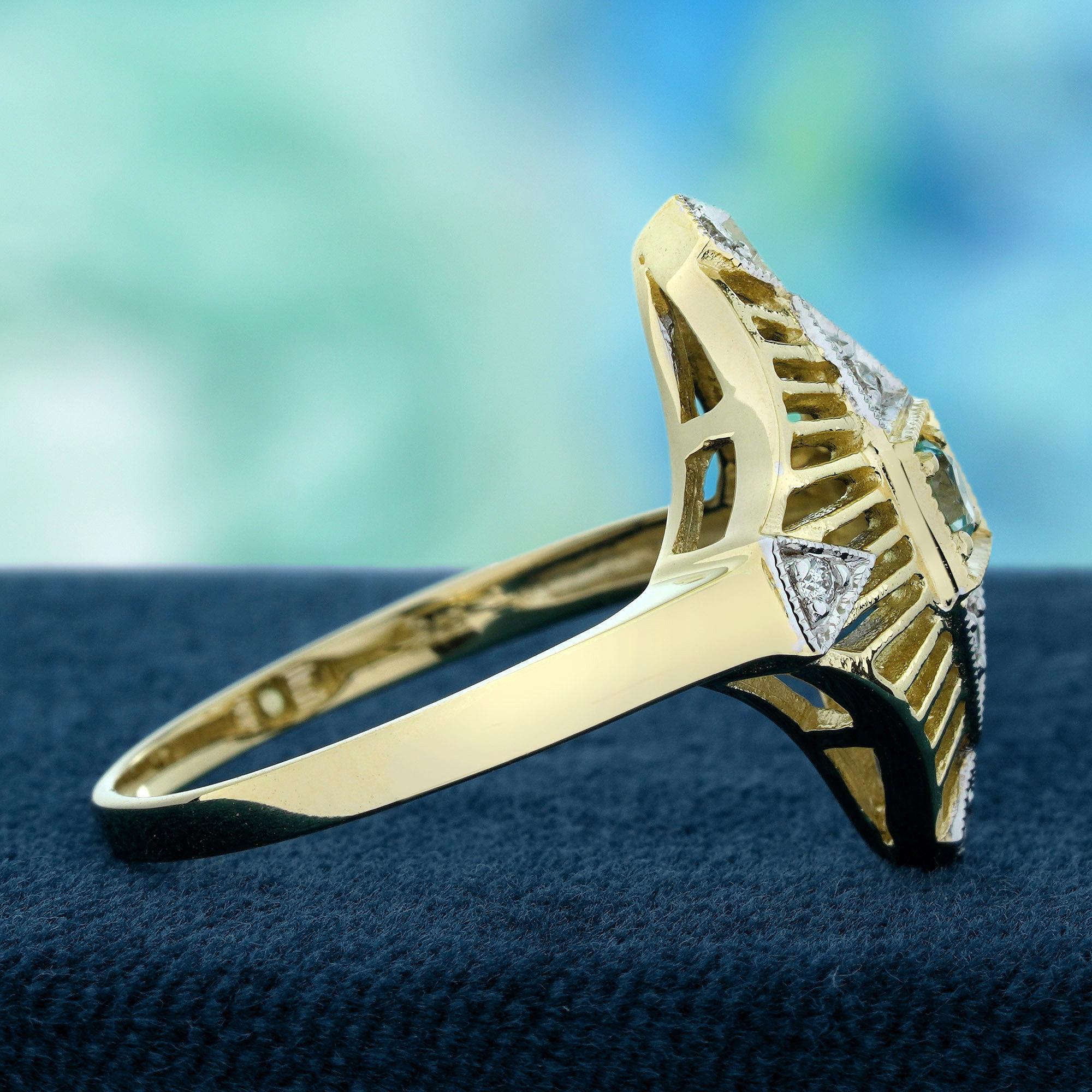 Round Cut Blue Topaz and Diamond Vintage Style Filigree Ring in Solid 9K Yellow Gold For Sale