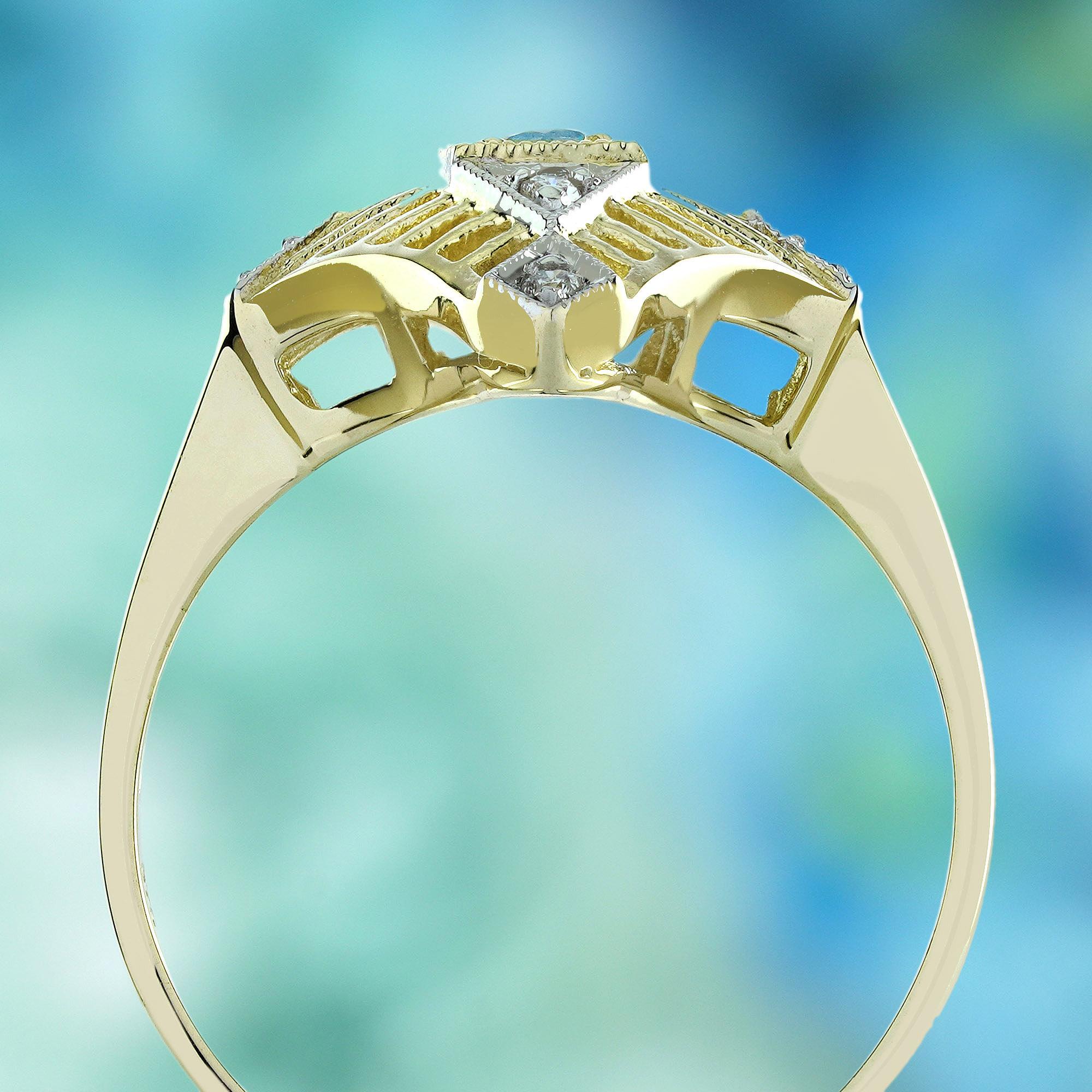 Blue Topaz and Diamond Vintage Style Filigree Ring in Solid 9K Yellow Gold In New Condition For Sale In Bangkok, TH