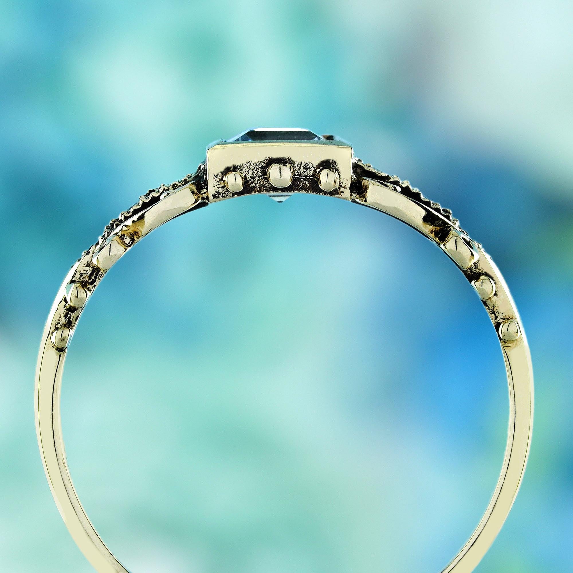 Blue Topaz and Diamond Vintage Style Filigree Ring in Solid 9K Yellow Gold In New Condition For Sale In Bangkok, TH
