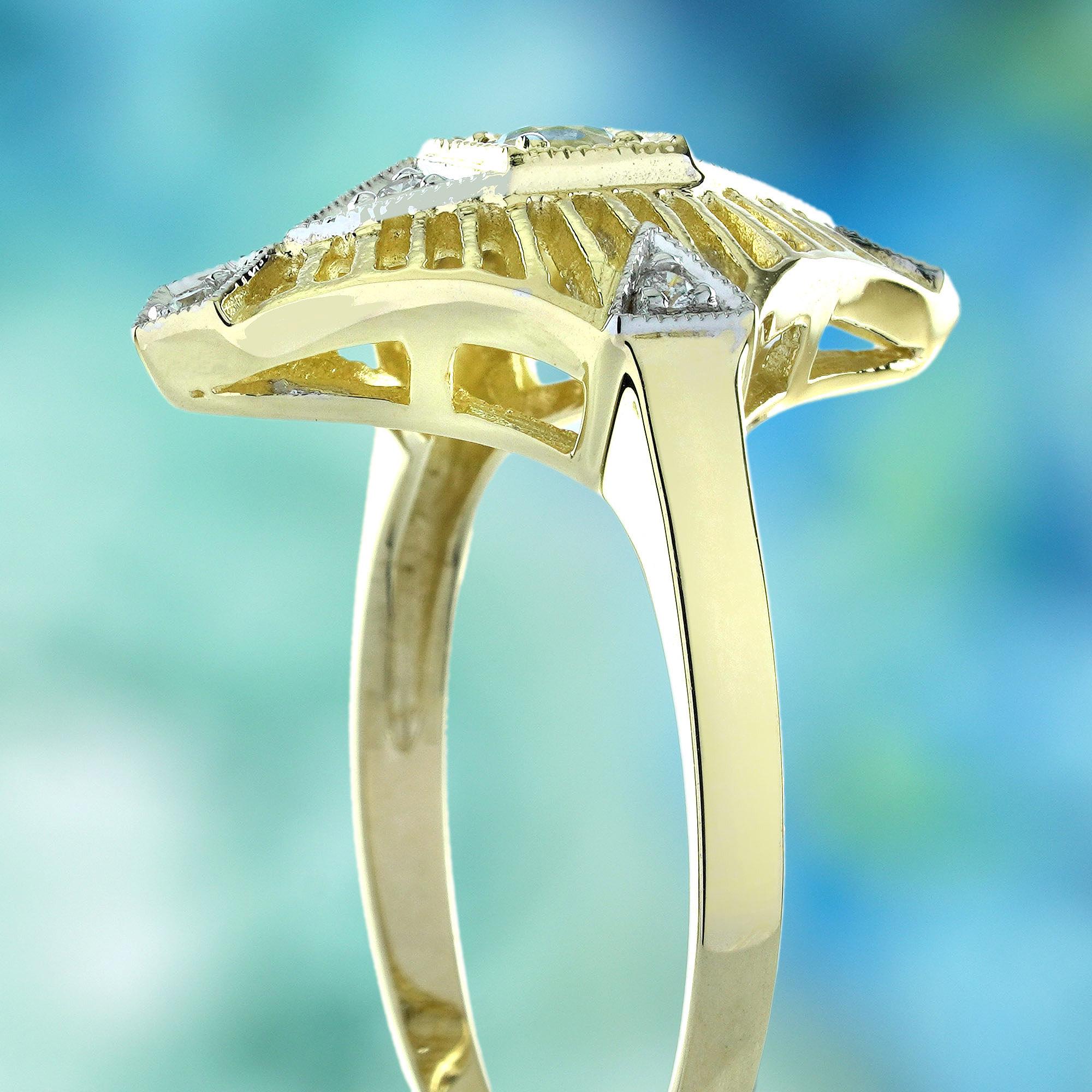 Women's Blue Topaz and Diamond Vintage Style Filigree Ring in Solid 9K Yellow Gold For Sale