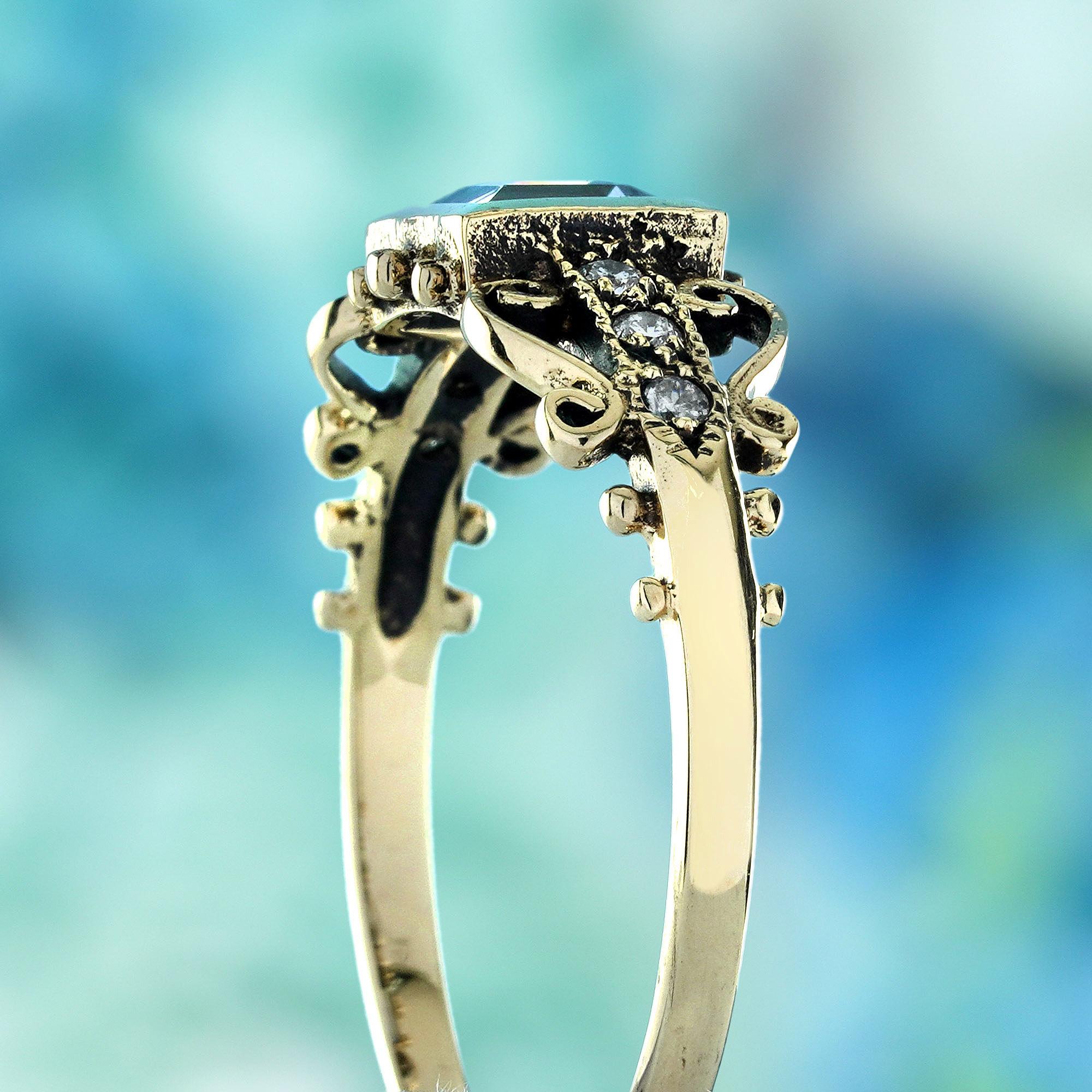 Women's Blue Topaz and Diamond Vintage Style Filigree Ring in Solid 9K Yellow Gold For Sale