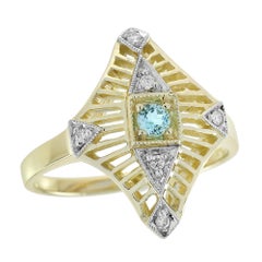 Bague filigrane de style vintage en or jaune 9 carats massif avec topaze bleue et diamants