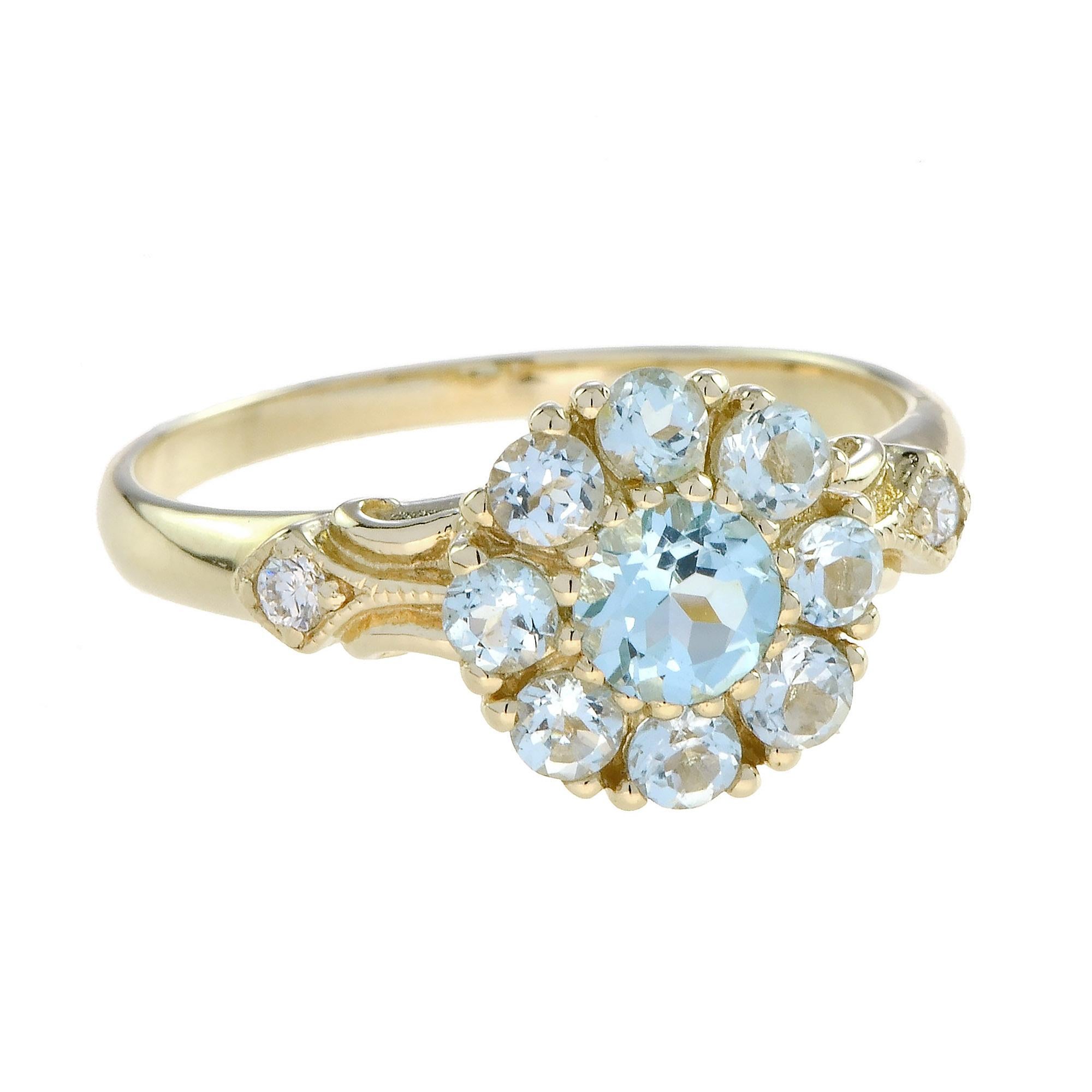 Edwardian Blue Topaz and Diamond Vintage Style Floral Cluster Ring in 14K Yellow Gold For Sale