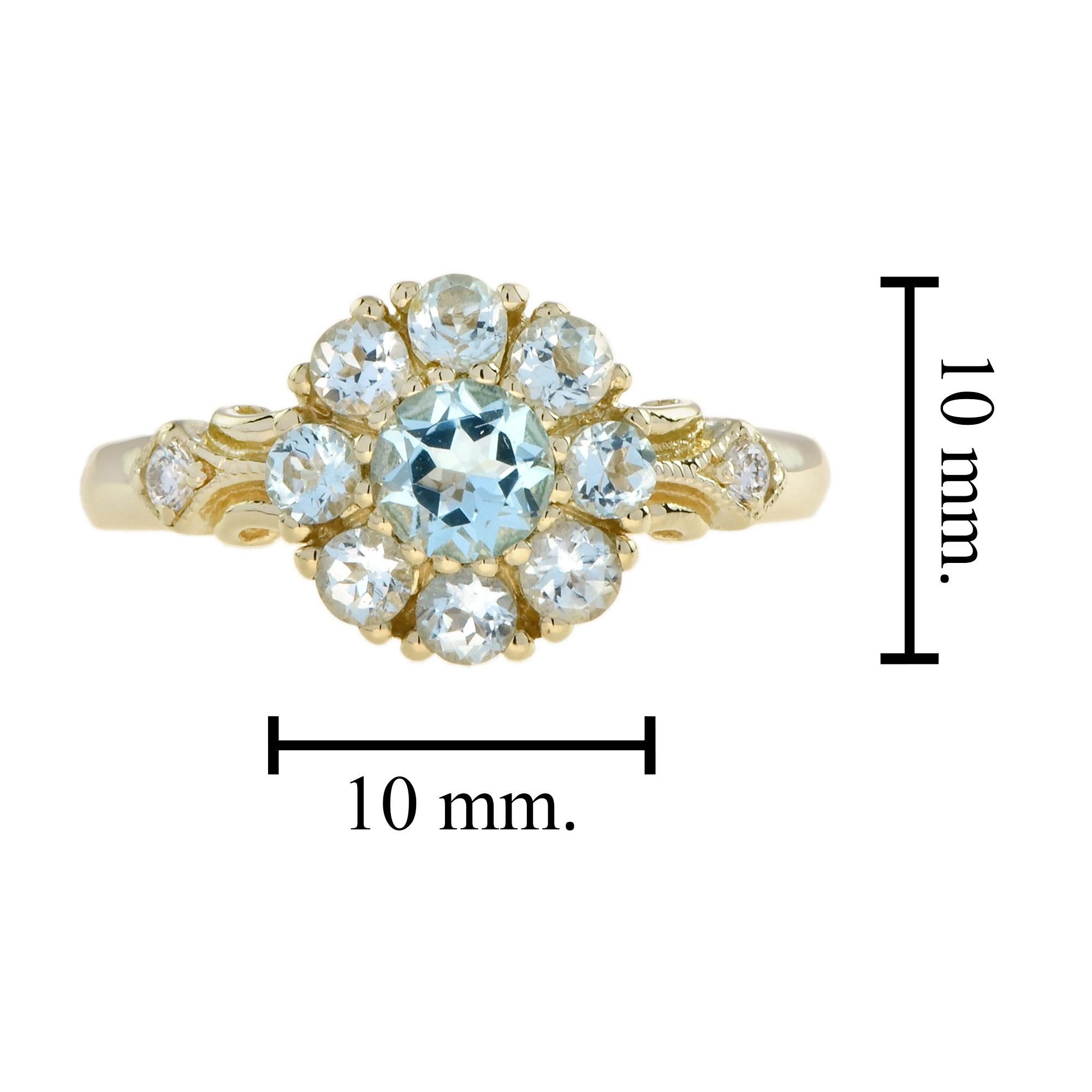 Blue Topaz and Diamond Vintage Style Floral Cluster Ring in 14K Yellow Gold For Sale 1