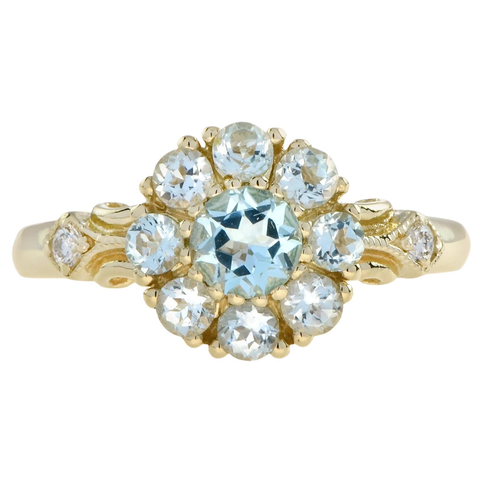 Blue Topaz and Diamond Vintage Style Floral Cluster Ring in 14K Yellow Gold For Sale