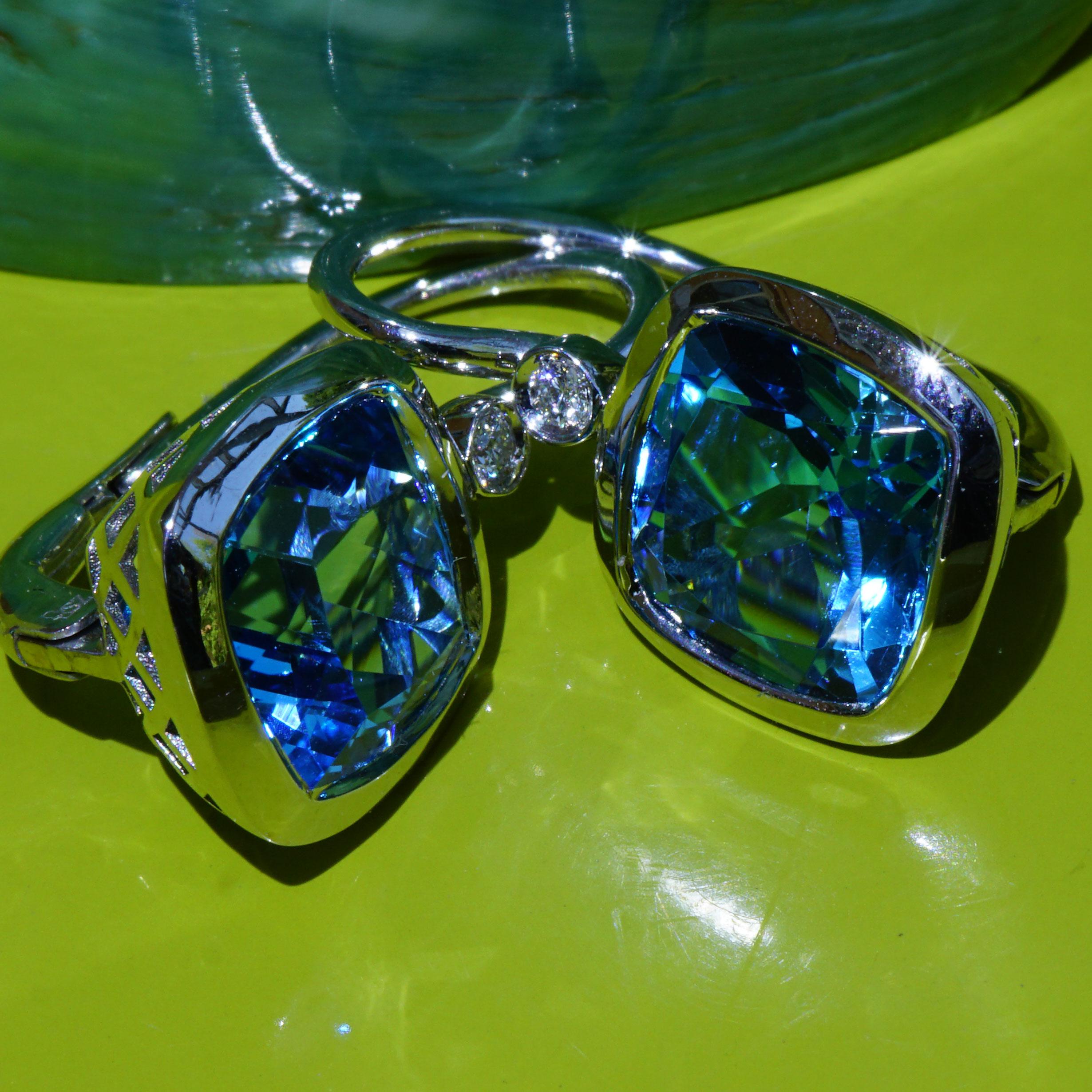 Antique Cushion Cut Blue Topaz and Diamonds Earrings Very Modern Setting High End Italian Jewellery  For Sale
