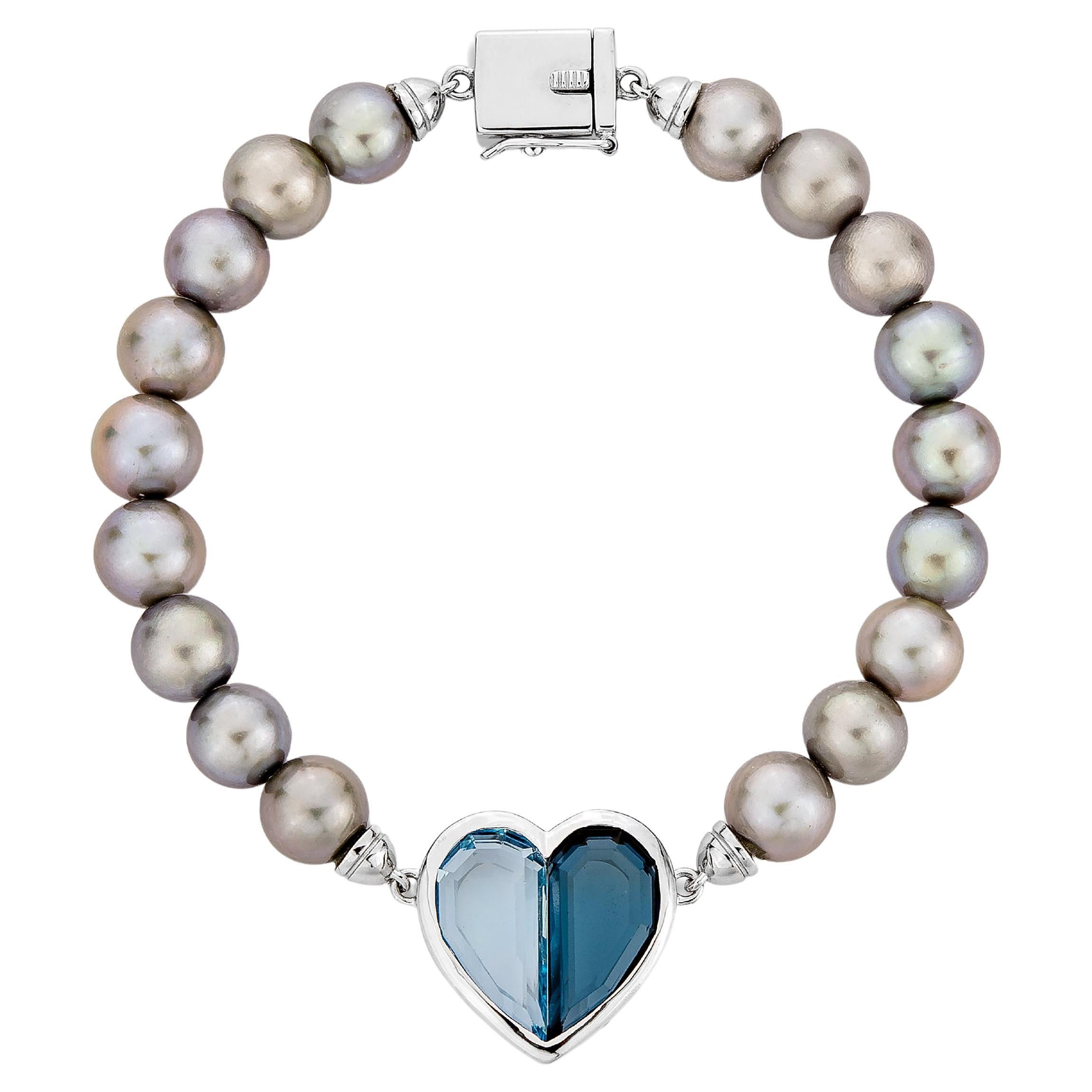Blue Topaz and Grey Pearl Lover Boy Bracelet in 18 Karat White Gold For Sale