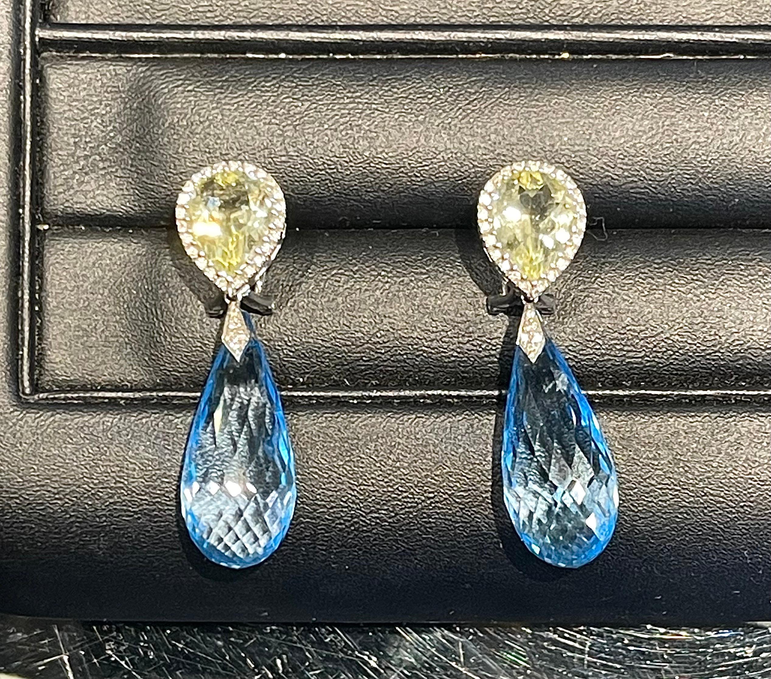 Blue Topaz and Lemon Quartz Diamond Drop Earrings In New Condition For Sale In Geneva, CH