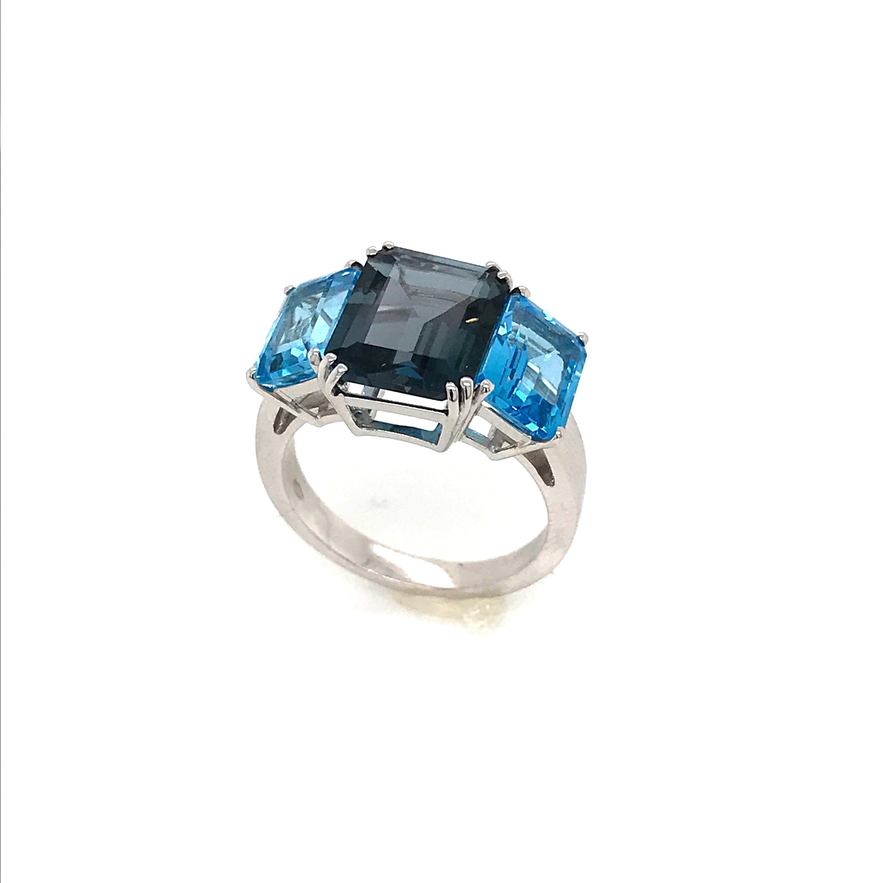 Emerald Cut Blue Topaz and London Topaz on White Gold 18 Karat Fashion Ring