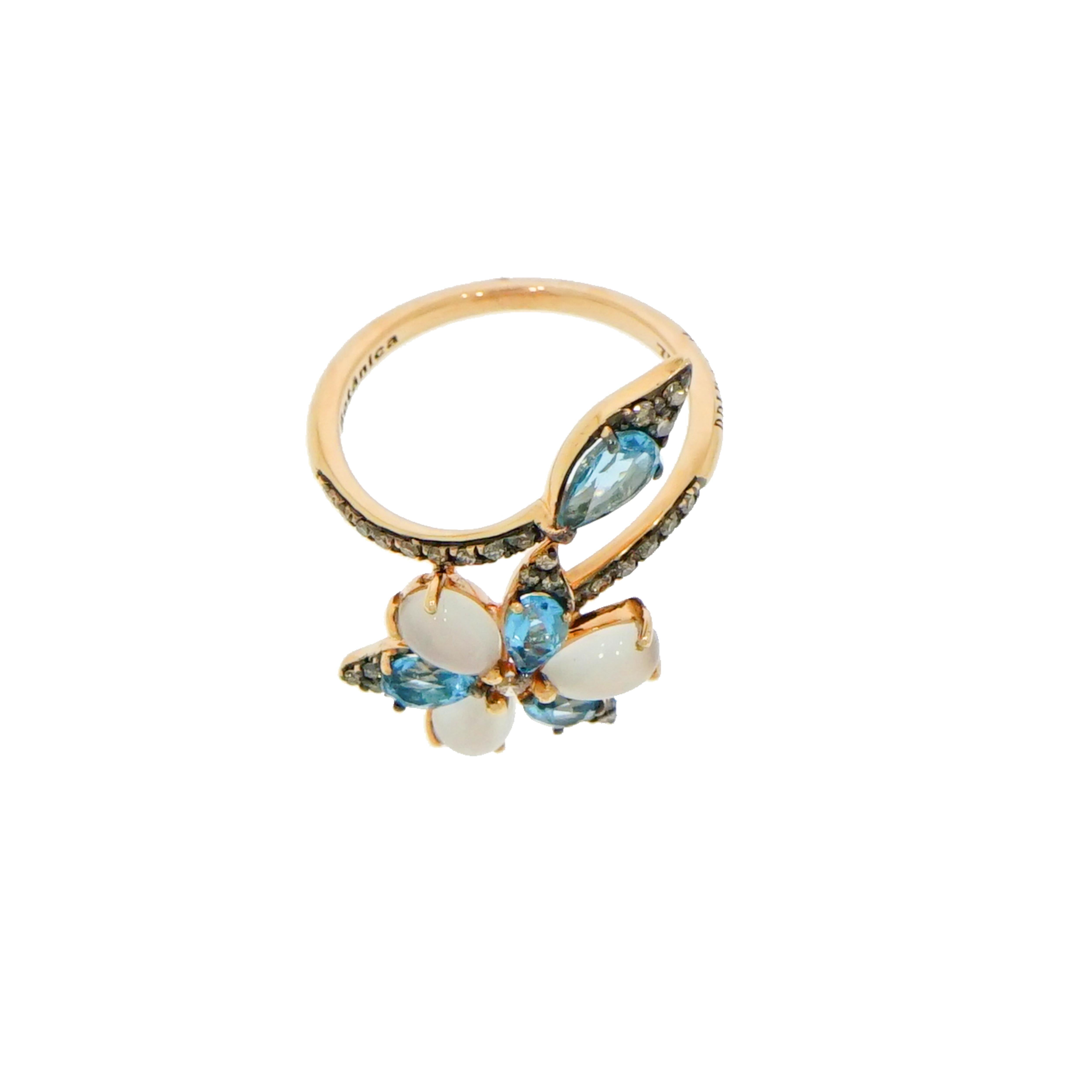 Ring aus Roségold mit blauem Topas und Mondstein Blume (Künstler*in) im Angebot