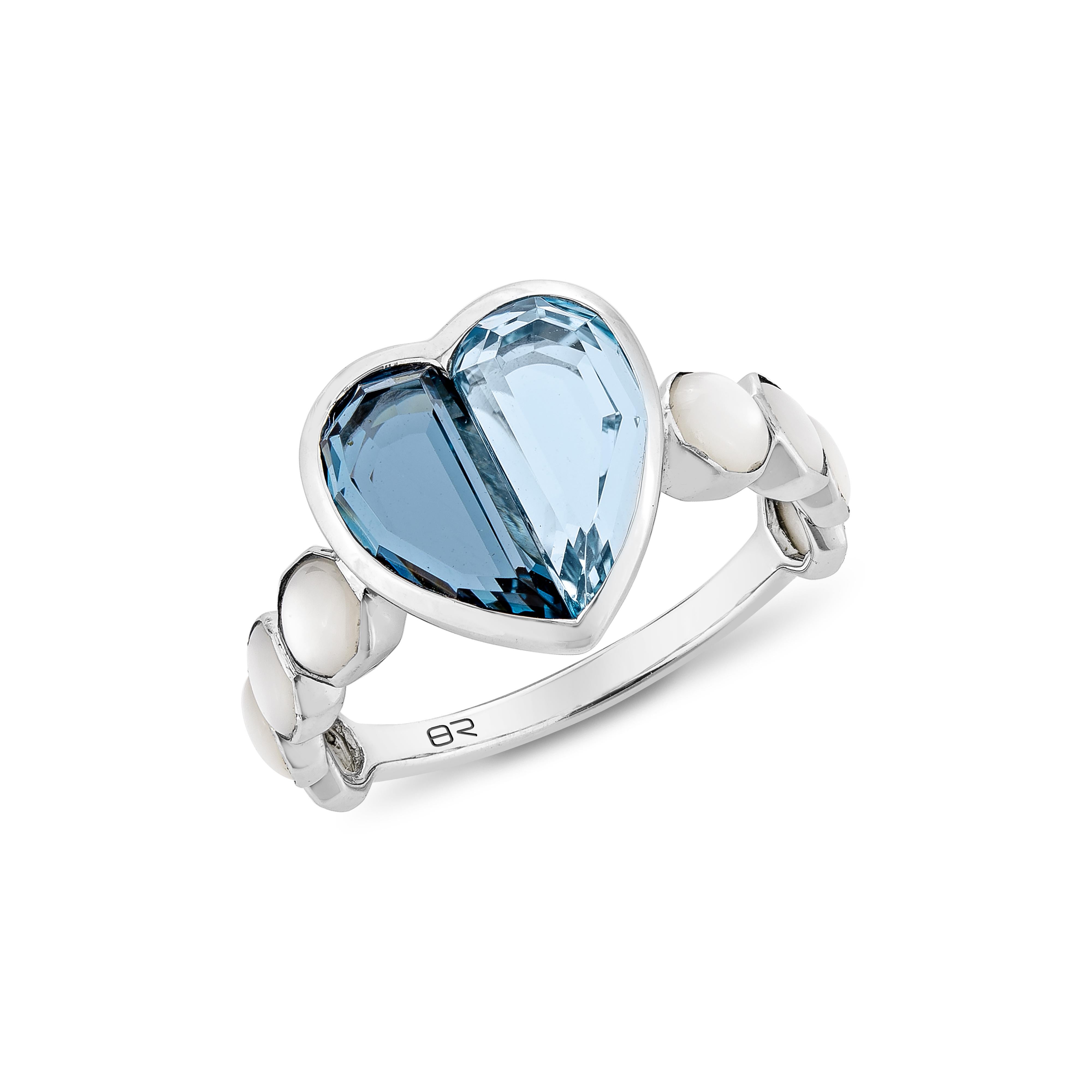 For Sale:  Blue Topaz and Mother of Pearl Love Ring V1 in 18 Karat White Gold 3